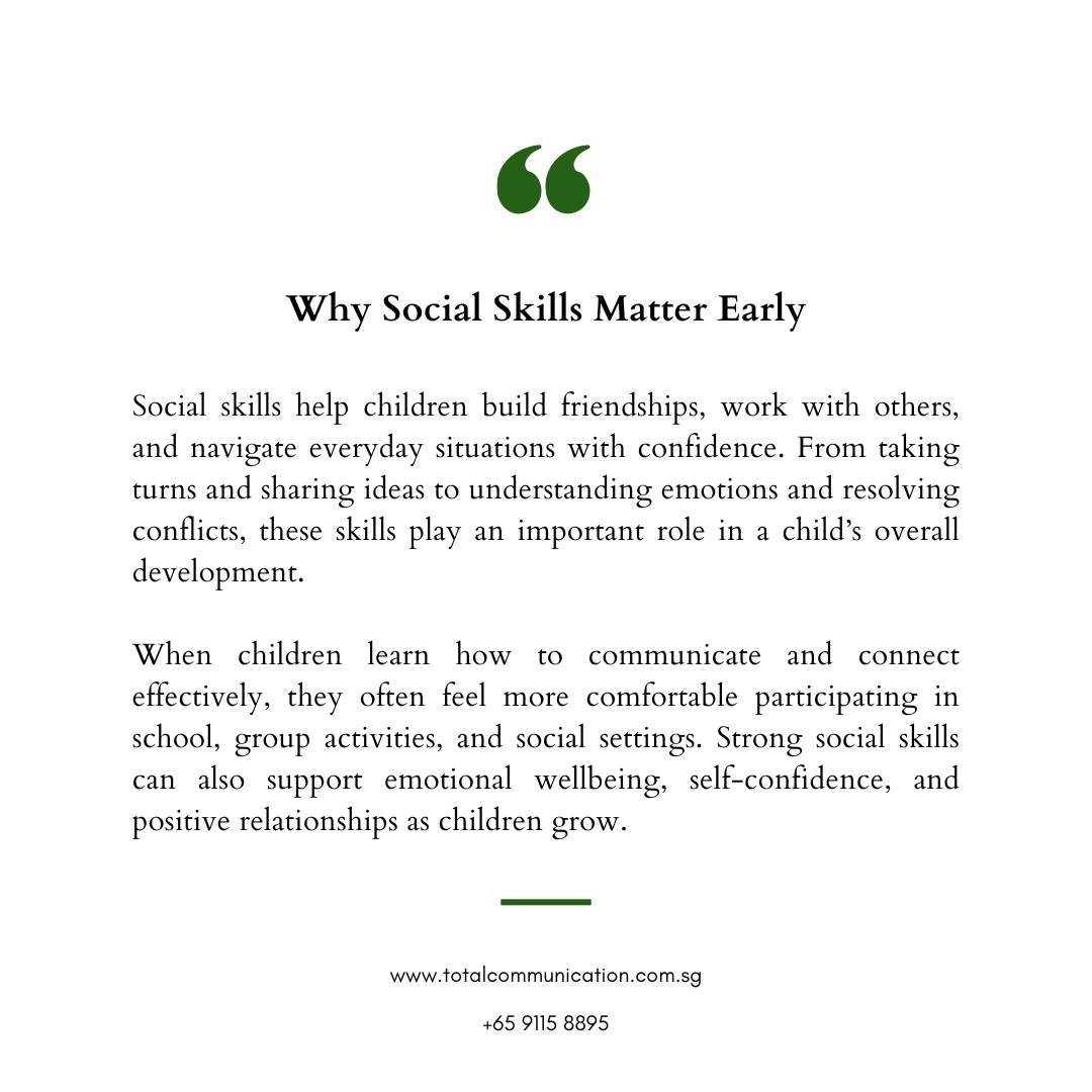 Why Social Skills Matter Early
Social skills help children build friendships, work with others, and navigate everyday situations with confidence. From taking turns and sharing ideas to understanding emotions and resolving conflicts, these skills play an important role in a child’s overall development.
When children learn how to communicate and connect effectively, they often feel more comfortable participating in school, group activities, and social settings. Strong social skills can also support emotional wellbeing, self-confidence, and positive relationships as children grow.
📩 Connect with Total Communication Singapore to support your child’s social, communication, and learning development.
#SocialSkills #ChildDevelopment #CommunicationSkills #EarlyIntervention #ParentingSupport