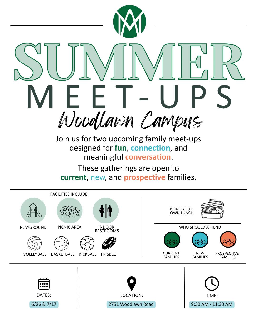 Join us for two upcoming family meet-ups designed for fun, connection, and meaningful conversation.
Whether you’re a current family, new to our community, or just exploring, we’d love to have you there.
Enjoy On-Site:
Picnic Area • Playground • Indoor Bathrooms
Volleyball • Basketball • Kickball • Frisbee
Bring:
Your own lunch
Questions? email - info@maclarksville.org