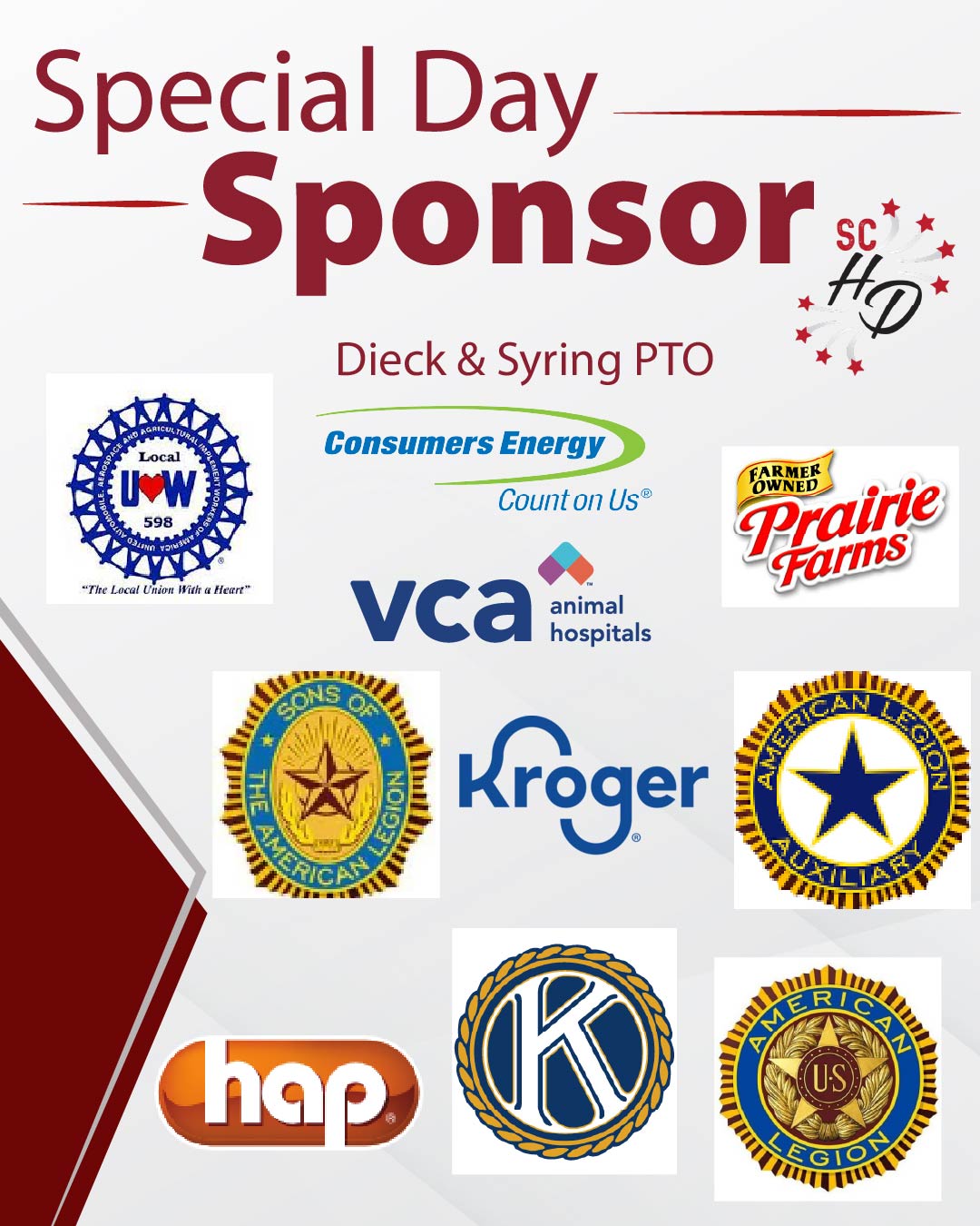 We are so grateful to our sponsors Dieck & Syring PTO, Consumers Energy, UAW Local 598, Prairie Farms Dairy, VCA Swartz Creek Veterinary Hospital, Kroger, Health Alliance Plan, Swartz Creek Kiwanis, Swartz Creek American Legion for supporting this special day. The amazing turnout speaks volumes, and we couldn’t have done it without you. Thank you for being such an important part of our community!