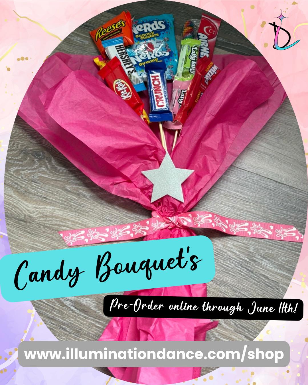 ‼️ LAST CALL!! ‼️
🍬💐 Recital Candy Bouquets are back! 💐🍬
Celebrate your dancer’s big moment with a sweet surprise after the show! Each bouquet is filled with assorted candies and wrapped with recital flair—perfect for saying, “We’re so proud of you!” 🌟
🎁 Pre-order by 6/11 to guarantee yours!
📍 Pick up at the Concession Stand on recital day.
Limited extras may be available at the shows, but pre-ordering is the best way to make sure your dancer gets one!
Because every recital star deserves a sweet celebration. 💖
🔗 https://www.illuminationdance.com/shop