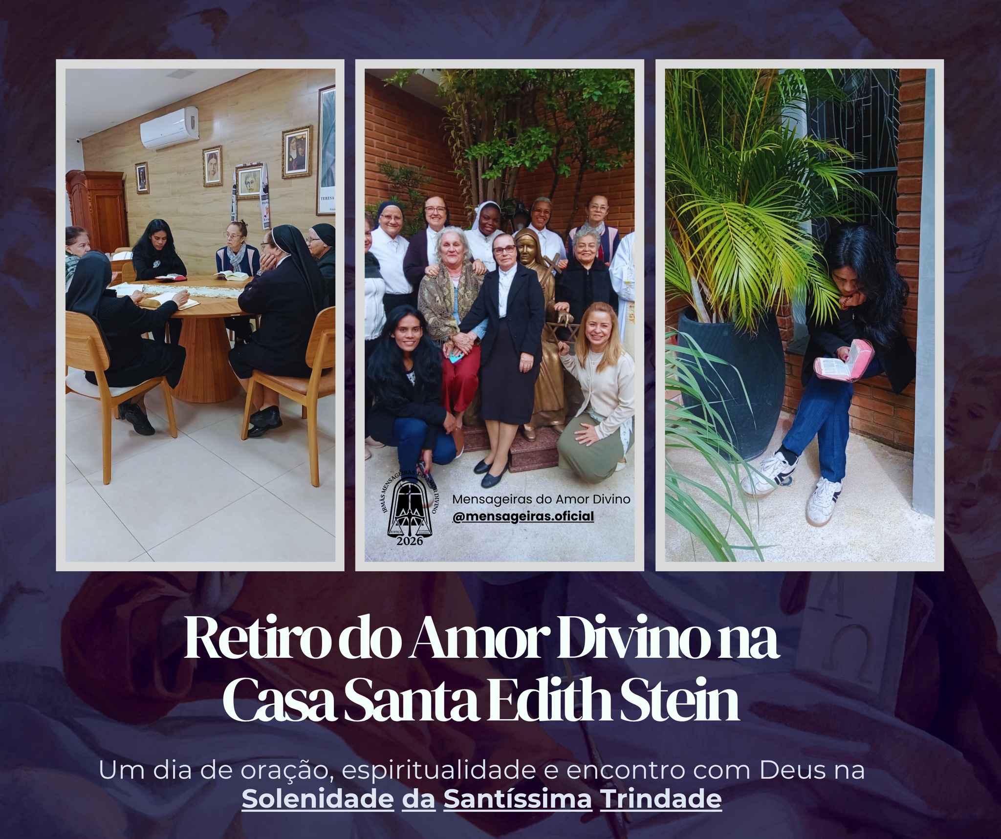 Neste domingo, Solenidade da Santíssima Trindade, aconteceu o Retiro do Amor Divino em nossa Casa Santa Edith Stein, na capital paulista.
Foi uma bênção encerrar o mês de maio reunidos em oração, reflexão e fraternidade, vivendo um dia especial de encontro com Deus e fortalecimento da fé.
Que a graça do Pai, do Filho e do Espírito Santo continue iluminando os passos de todos os participantes, renovando corações e fortalecendo a missão de irradiar o Amor Divino no mundo.
💙 Agradecemos a todos que estiveram presentes e fizeram deste retiro um momento tão especial.