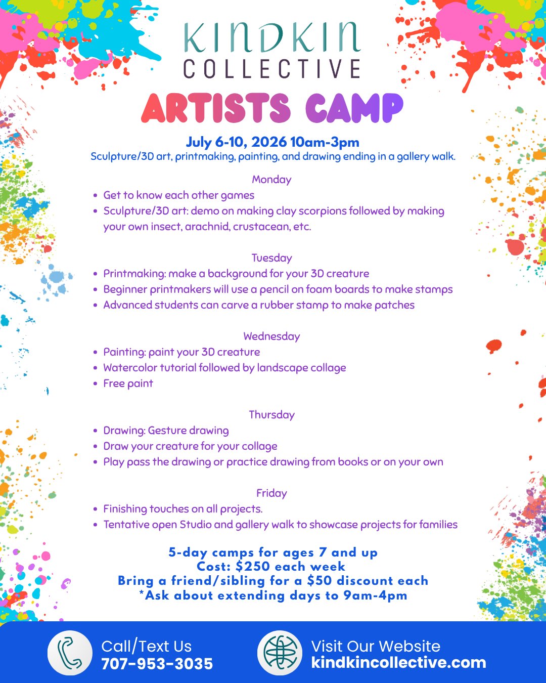 Our final week of summer camp starts July 6th!
Join us for the final week of Artists Camp where we create clay creatures, explore printmaking, drawing and painting. All the registration info can be found on our website. Sign up today!