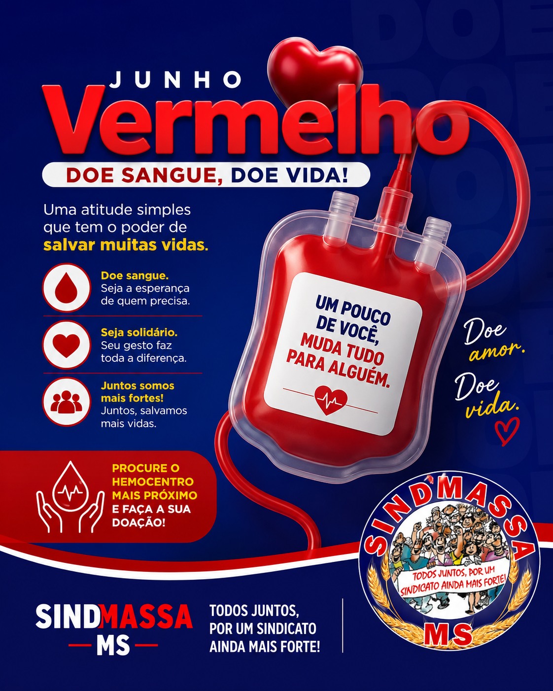 Junho Vermelho é tempo de solidariedade e esperança! 🩸
Doar sangue é um gesto simples, mas que pode salvar muitas vidas. Cada doação representa uma nova chance para alguém que precisa de ajuda.
O SINDMASSA-MS apoia essa campanha e reforça a importância de fazer o bem ao próximo. Seja a diferença na vida de alguém hoje!
📍 Procure o hemocentro mais próximo e faça sua doação.
🩸 Doe sangue.
🤝 Doe esperança.
❤️ Doe vida.
#JunhoVermelho #DoeSangue #DoeVida #Solidariedade #SINDMASSA