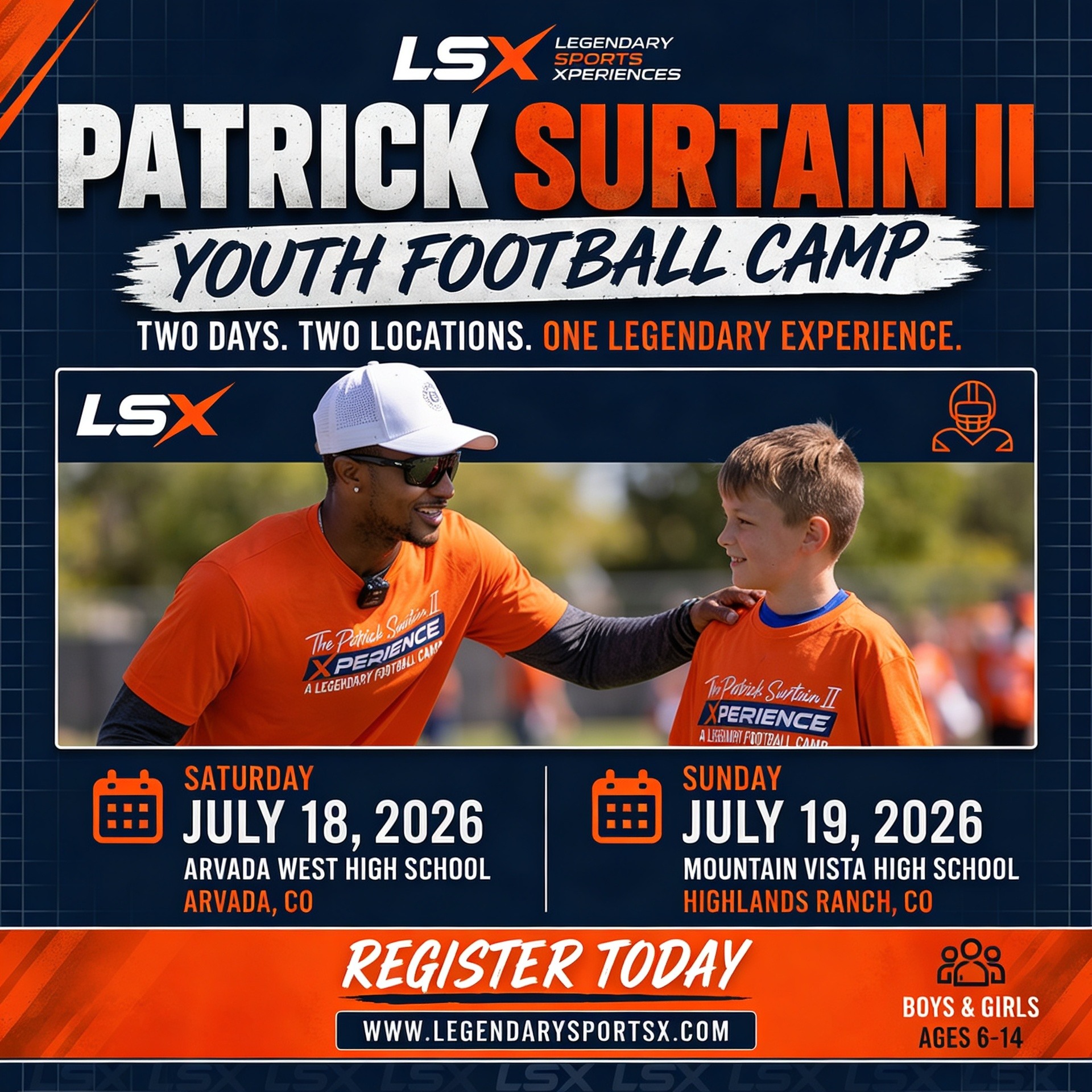 🏈 Give your child the chance to learn from one of football’s best.
Join the Patrick Surtain II Youth Football Camp for a day of skill development, confidence-building, and unforgettable memories with an NFL superstar.
📍 Arvada, CO – July 18, 2026
📍 Highlands Ranch, CO – July 19, 2026
✅ Expert coaching
✅ Fun, high-energy drills
✅ Open to boys & girls ages 6–14
Spots are limited. Register today and secure your athlete’s place.
#PatrickSurtainII #YouthFootballCamp #LSX #FootballCamp #YouthSports #DenverFootball #ColoradoKids