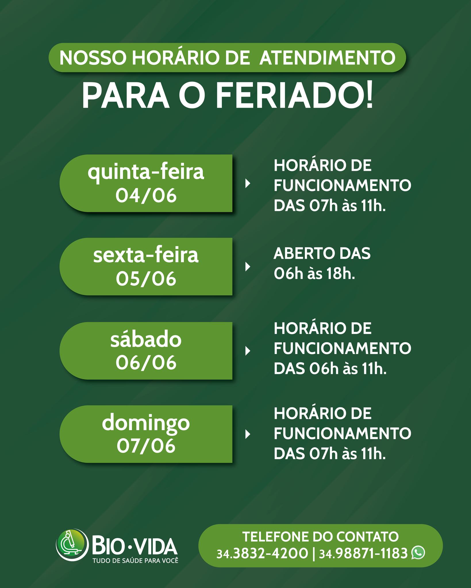 Atenção aos nossos horários especiais de atendimento para o feriado!
❇️ Confira os dias e horários e se programe com antecedência.
Em caso de dúvidas, fale com a gente pelo telefone.