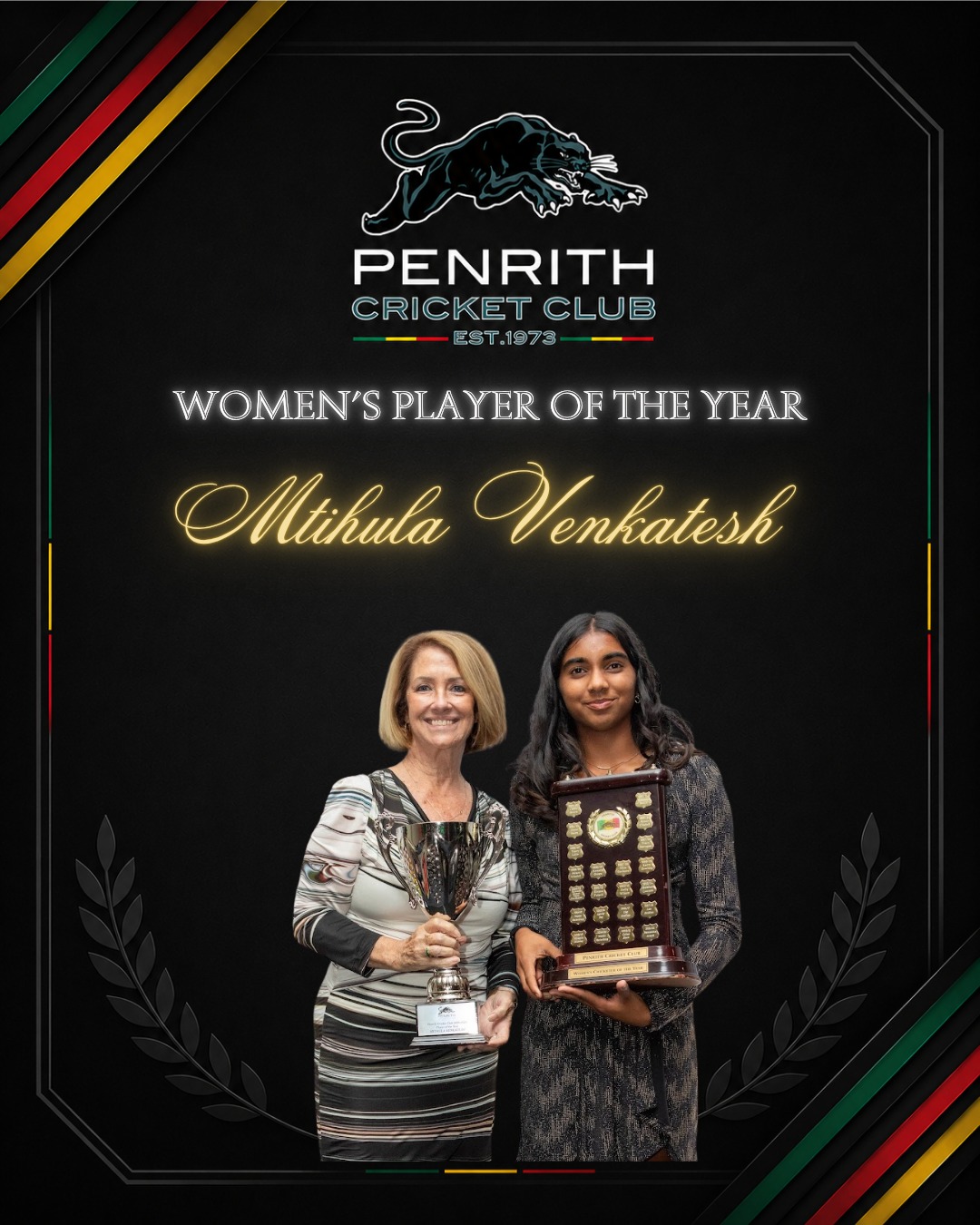Congratulations to Mithula Venkatesh for receiving the Women's Player of the Year award. In Mithula's first season at Penrith, she showed an exceptional all-round display across both Brewer Shield and 2nd Grade.
Across her 18 matches, Mithula scored 359 runs at 23.93, to go along with her 23 wickets at 11.87. Including a best of 4/10. With the addition of 8 catches. Playing a key part in Brewer Shield's run to the GF, ultimately falling just sort.
A season to be proud of!
Congratulations, Mithula!
The award was presented by Karen McKeown, OAM & MP
#LTC #PenrithCricketClub