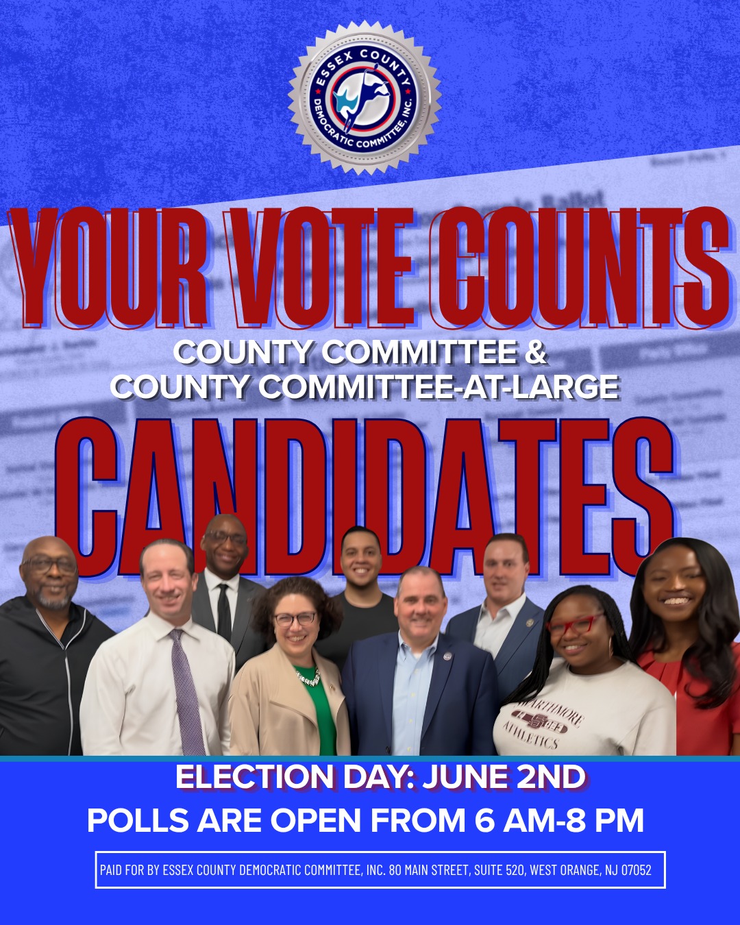 IT'S ELECTION DAY!!! THE POLLS ARE OPEN.
#ESSEXDEMS #GOTV #essexcountynj #COUNTYCOMMISSIONERS
