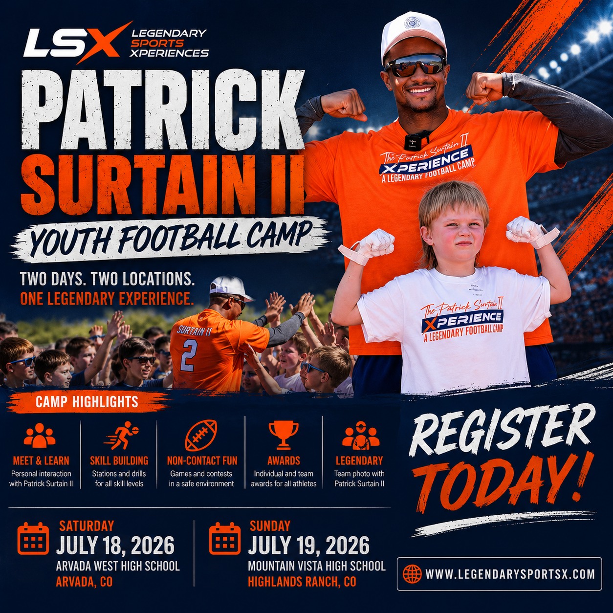 Your future football star deserves a legendary experience. 🏈
Join Patrick Surtain II for hands-on instruction, exciting competitions, and a day they'll never forget.
Train. Compete. Get Inspired.
Register today.
https://www.legendarysportsx.com/pro-player-camps