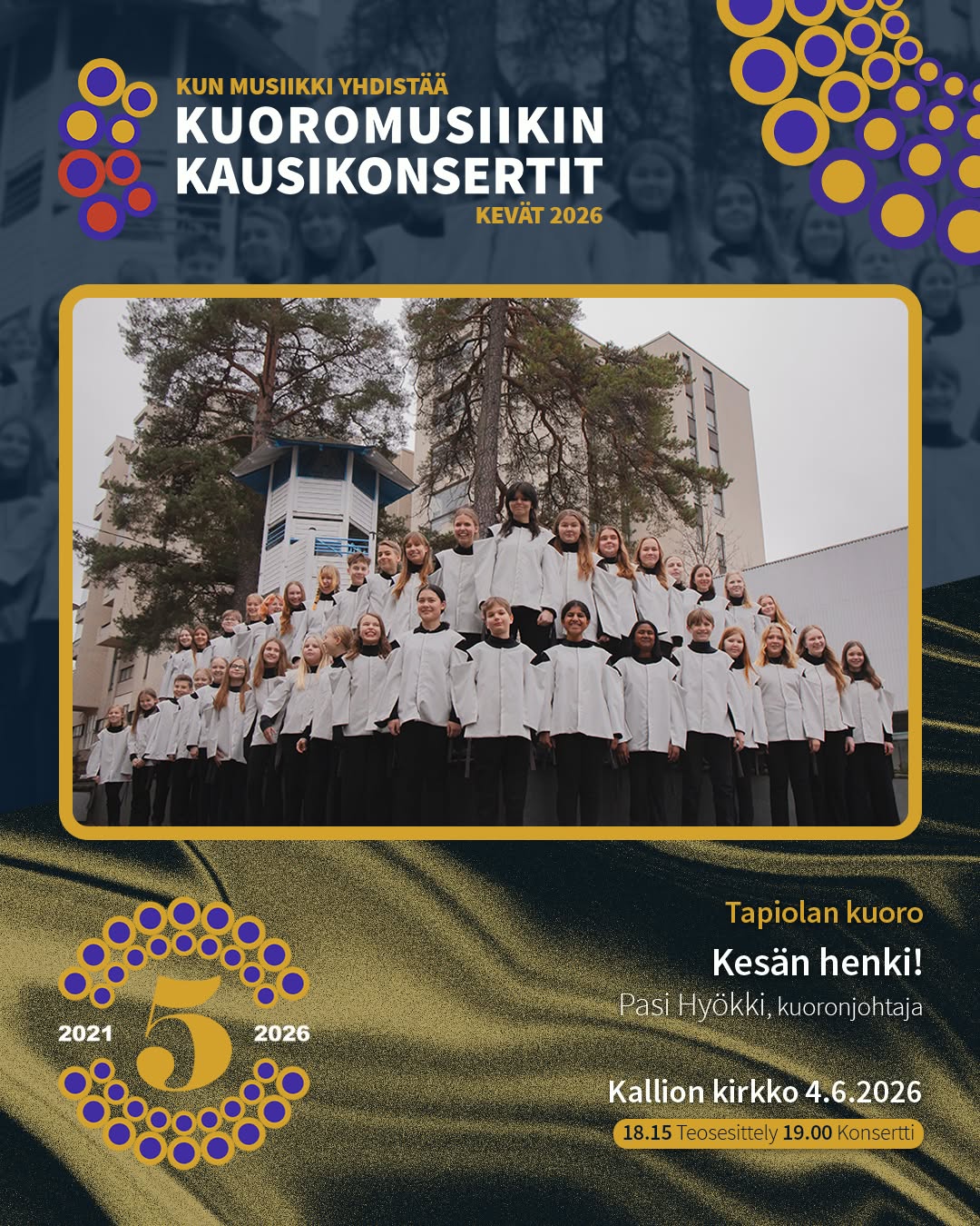 Tänä torstaina 4.6. kauden päätöskonsertissa vuorossa on Tapiolan kuoro, johtajanaan Pasi Hyökki. Illan "Kesän henki!" -konsertti alkaa Kallion kirkossa klo 19.00 ja sitä edeltää teosesittely klo 18.15.
KONSERTIN ESITTELY KOTISIVUILLAMME.
#kuoromusiikinkausikonsertit
#kunmusiikkiyhdistää
@tapiolankuoro
@hyokkipasi
@kallionsrk