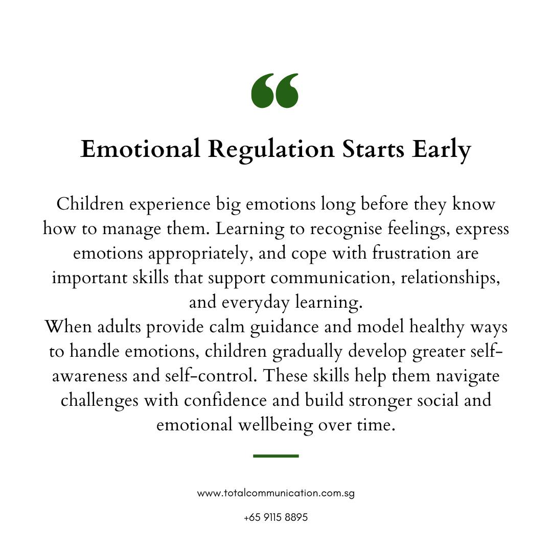 Emotional Regulation Starts Early
Children experience big emotions long before they know how to manage them. Learning to recognise feelings, express emotions appropriately, and cope with frustration are important skills that support communication, relationships, and everyday learning.
When adults provide calm guidance and model healthy ways to handle emotions, children gradually develop greater self-awareness and self-control. These skills help them navigate challenges with confidence and build stronger social and emotional wellbeing over time.
📩 Connect with Total Communication Singapore to support your child’s emotional, communication, and developmental growth.
#EmotionalDevelopment #ChildDevelopment #SocialEmotionalLearning #EarlyIntervention #ParentingSupport