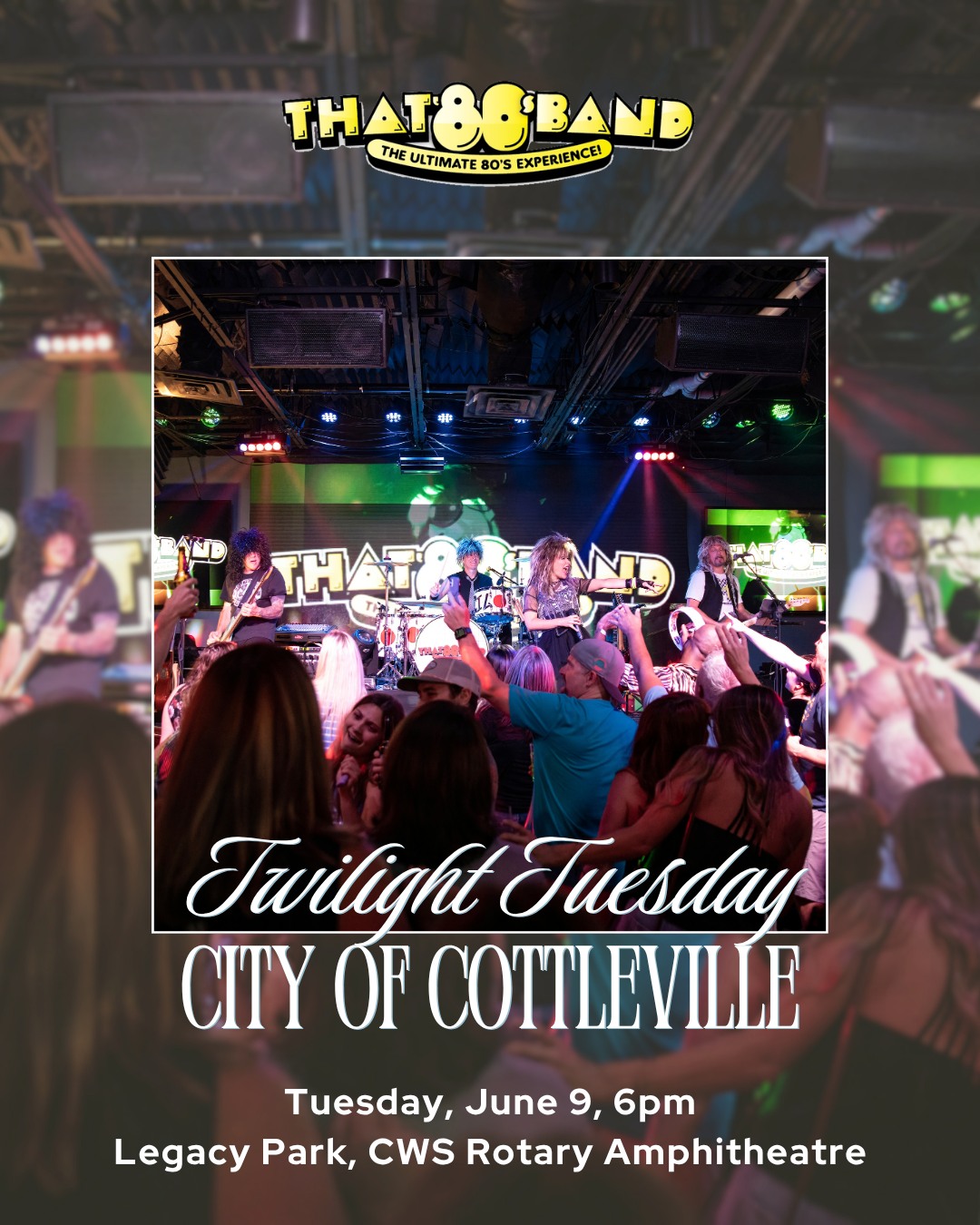 Spend next Tuesday evening with us! We're playing the Twilight Tuesdays Concert Series in Cottleville at the Weldon Spring Rotary Amphitheater in Legacy Park, on June 9 at 6pm.
Free, fun, and outdoors — sounds like an awesome night to us!