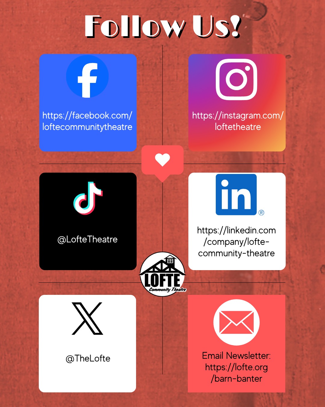 If you want to stay up to date on all things Lofte-related, the best way to stay in the know is to follow our social media pages or subscribe to our newsletter, which typically comes out every other week. Find us on these platforms and stay informed on everything coming up soon!
Subscribe to "The Barn Banter," our email newsletter: https://www.lofte.org/barn-banter
Facebook: https://www.facebook.com/loftecommunitytheatre
Instagram: @loftetheatre https://www.instagram.com/loftetheatre/
Tiktok: @loftetheatre https://www.tiktok.com/@loftetheatre
LinkedIn: https://www.linkedin.com/company/lofte-community-theatre/
X/Twitter: @TheLofte https://x.com/TheLofte
Also on Bluesky! @loftetheatre.bsky.social https://bsky.app/profile/loftetheatre.bsky.social
.
.
.
.
.
#Lofte #TheLofte #BornInABarn #LofteTheater #CommunityTheater #CommunityTheatre #Volunteer #Nebraska #CassCounty #Omaha #WeepingWater #Manley #theatre #theater #live #livetheater #livetheatre #localtheater #localtheatre #throwbackthursday #line