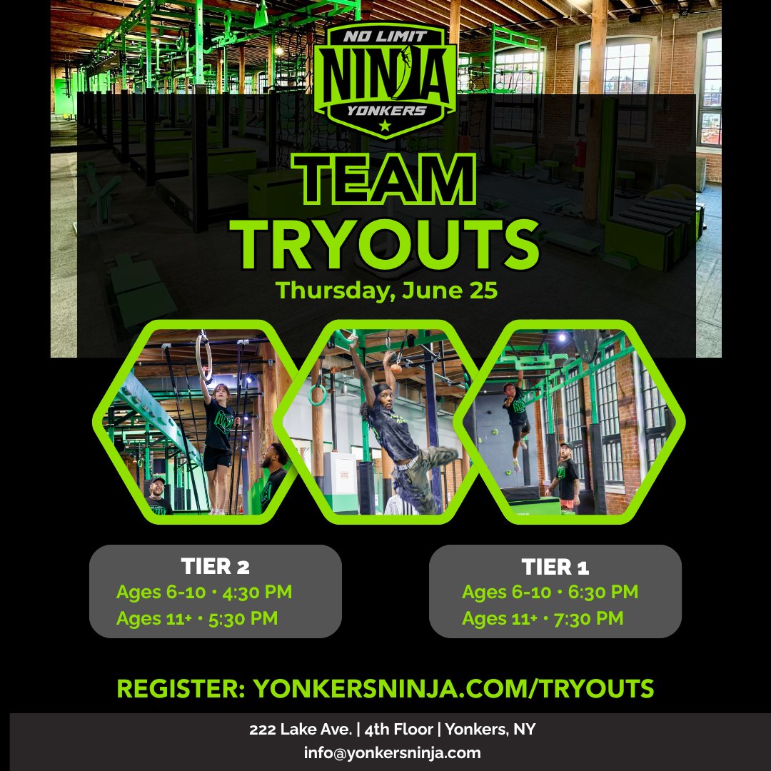 Competitive Team Tryouts are coming to No Limit Ninja Yonkers.
Athletes ages 6+ interested in competitive ninja training are invited to attend our Tier 1 and Tier 2 team tryouts on Thursday, June 25.
Whether your athlete is newer to competition or looking to take their training to the next level, this is an opportunity to meet the coaches, learn about our competitive programs and experience team training.
View the schedule and register. Link in bio
#NoLimitNinjaYonkers #NinjaWarrior #NinjaTraining #YouthSports #WestchesterKids #YonkersNY #WorldNinjaLeague