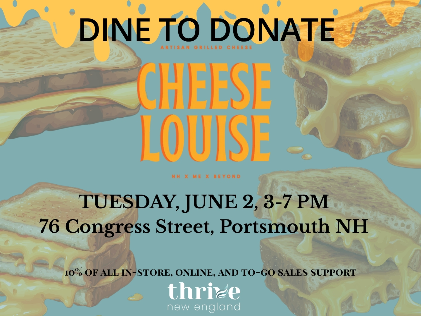 🧀 Today’s the Day! 🧀
Looking for lunch or dinner plans? Head to Cheese Louise in Portsmouth and make your meal count!
Today, 10% of all sales will be donated to Thrive New England, helping provide prevention education and long-term, trauma-informed support for survivors of sexual exploitation and trafficking.
It's a simple way to enjoy great food while investing in hope, healing, and freedom for those we serve.
Cheese Louise – 76 Congress St, Portsmouth, NH
Today! 3-7 pm
Bring your friends, family, coworkers, or stop by on your own—every purchase helps make a difference.
Thank you for supporting survivors and the work of Thrive New England. ❤️
#DineToDonate #CheeseLouise #PortsmouthNH #ThriveNewEngland #SupportSurvivors #CommunityImpact #EndExploitation #eatforacause
@eatcheeselouise