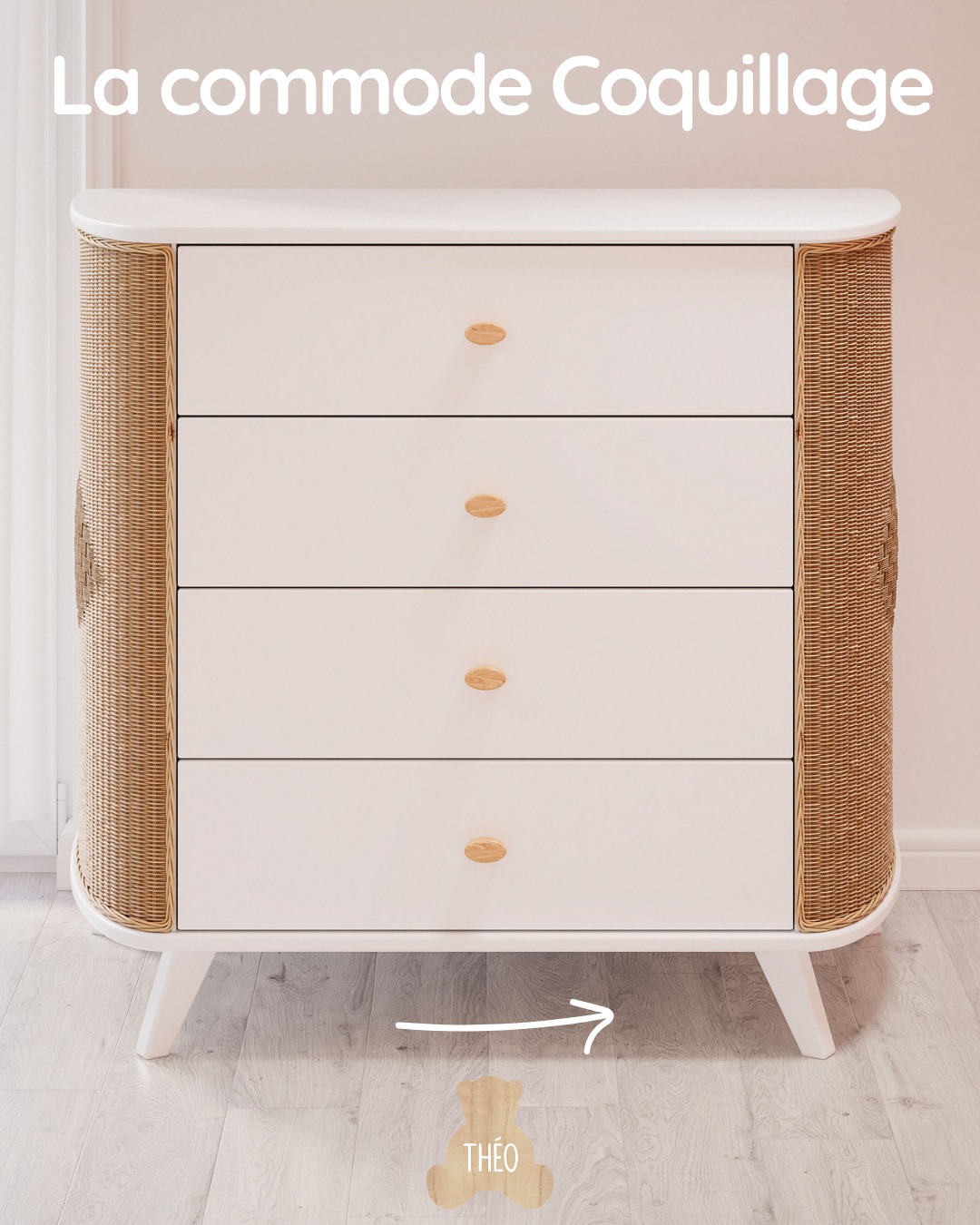 NOUVEAUTÉ 2026 : Commode Coquillage
Laissez-vous emporter par cette commode inspirés des océans Indien et Pacifique ✨
Avec ses panneaux en rotin tressé à la main et ses détails délicats sur les côtés, elle apporte une touche naturelle et très originale à la chambre de bébé.
🗄️ 4 grands tiroirs à fermeture douce pour un quotidien pratique et organisé
🍼 Box à langer (optionnelle) adaptable en toute sécurité, en longueur
Une pièce unique qui allie douceur, fonctionnalité et évasion 🌿
#TheoBebe #ChambreBebe #CommodeBebe #Rotin #DecorationBebe #MobilierBebe #ChambreBebe #TheoBebe #DécoNaturelle #ChambreBébé #BébéConfort #MeublesDurables