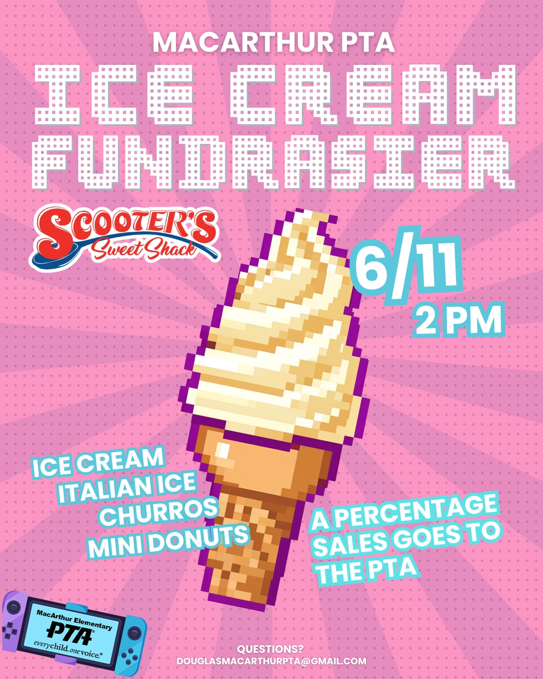 Final Boss Battle: SWEET TREATS EDITION! Weโre ending the school year the best way possible โ with ice cream, churros, mini donuts, and one last PTA fundraiser celebration before summer officially begins โ๏ธ๐ฉโจ
๐ง PTA Ice Cream Fundraiser
๐
June 11
โฐ Starting at 2:00 PM
๐ Front of School
๐ Early Dismissal at 2PM
Huge thanks to Scooterโs Sweet Shack for helping us send off the year with sugar, smiles, and summer vibes ๐ฆ
๐จ Ice Cream
โ๏ธ Italian Ice
๐ฉ Mini Donuts
โจ Churros & more sweet treats!
๐ A portion of all sales will be donated back to the PTA
#GameOnMacArthur #MacArthurPTA #LastDayOfSchool #IceCreamFundraiser #SchoolCommunity #EaglePride #SummerBreak #ScootersSweetShack #MacArthurElementary