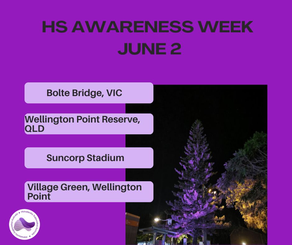 TUESDAY TUESDAY TUESDAY
HS Awareness Week is here! 💜
Have you spotted a landmark glowing purple for HS Awareness Week?
We want to see it!
Take a photo, post it on social media, tag HS Australia, and help us spread awareness of Hidradenitis Suppurativa across Australia.
Let's see how many purple landmarks we can capture this week!
#Illuminate4HS #PurpleForHS #HSAwarenessWeek #HSAustrali #HSWarrior #AdvocacyInAction #nolongersilent