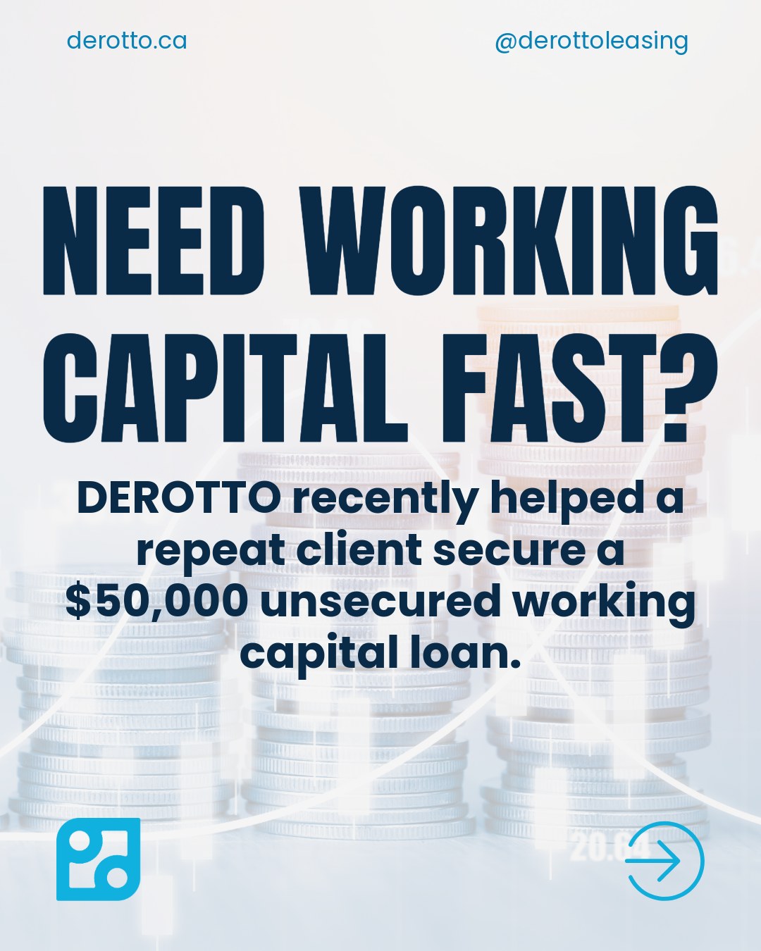 Access to working capital can make all the difference when opportunities arise or cash flow gets tight.
DEROTTO recently helped a repeat client secure a $50,000 short-term unsecured working capital loan through one of our specialized lending partners.
If you're exploring working capital options, give us a call. We can help determine the right solution for your business.