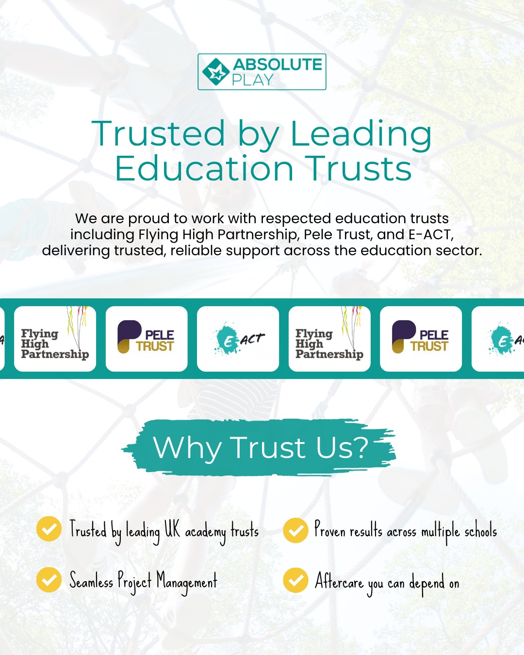 "Trusted by leading education trusts across the UK ⭐
We’re proud to work with organisations including Flying High Partnership, Pele Trust, and E-ACT to deliver reliable playground and outdoor learning projects across multiple schools.
Why schools trust us 👇
✔️ Seamless project management
✔️ Proven multi-school delivery
✔️ Reliable aftercare and support
✔️ Trusted education sector experience
Planning a new outdoor project for your school or trust?
Book a free design and consultation with us, link in bio.