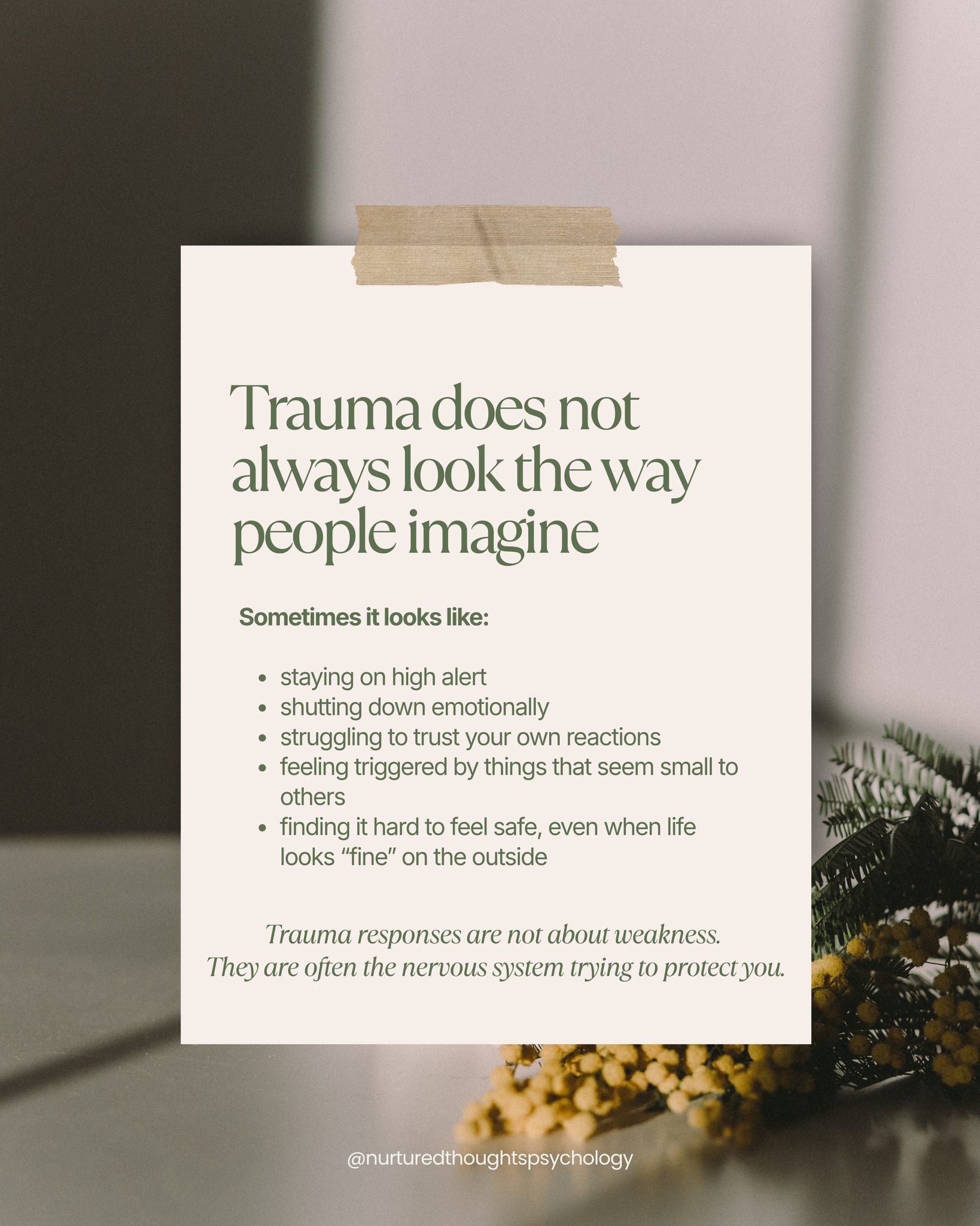 Not every trauma response feels like “trauma” when you are the one living with it.
It may show up as tension in your body, even when nothing obvious is wrong. It may look like feeling numb, disconnected, easily irritated, or constantly on alert. For some people, it can also look like replaying conversations, struggling to relax, or feeling unsettled in situations that other people seem to move through without much thought.
When this becomes your normal, it is easy to assume you are just too sensitive, too reactive, or not coping well enough. But sometimes these responses are your nervous system trying to protect you based on what it has learned.
This does not mean every reaction is trauma. It does mean your reactions may deserve curiosity before criticism.
Understanding what is happening can be an important first step toward feeling less confused by your own responses.
Share this with someone who may need a gentler way of making sense of what they are carrying.
Learn more here:
https://www.nurturedthoughtspsychology.com.au/psychiatry
#trauma #anxietyawareness #MentalHealth
