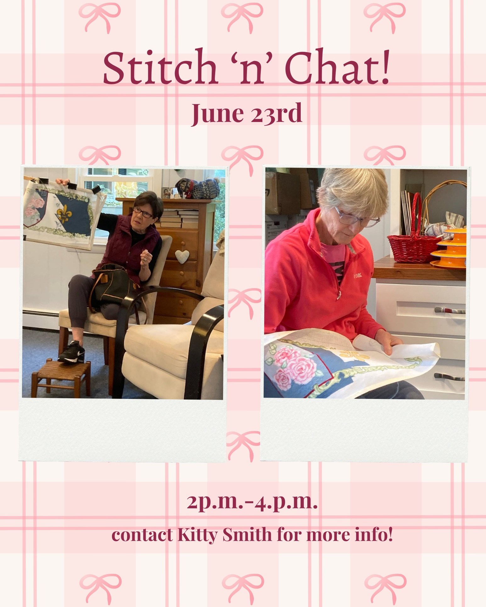 ✨The next Stitch 'n' Chat meeting will be Tuesday, June 23rd from 2-4pm in the Chapter Room. Bring some stitching to work on, or just come for the company! Questions? Email Kitty Smith. ✨