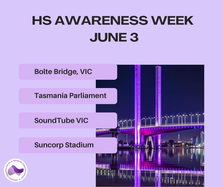 WEDNESDAY WEDNESDAY WEDNESDAY
💜 Why Purple? 💜
Every purple light shining this week represents hope, awareness, advocacy, and support for people living with Hidradenitis Suppurativa.
Behind every landmark is a community determined to ensure HS is no longer invisible.
If you spot a purple landmark tonight, share a photo and help us shine a light on HS.
#Illuminate4HS #HSAustralia #PurpleForHS #AdvocacyInAction #HSAwareness #HSWarrior