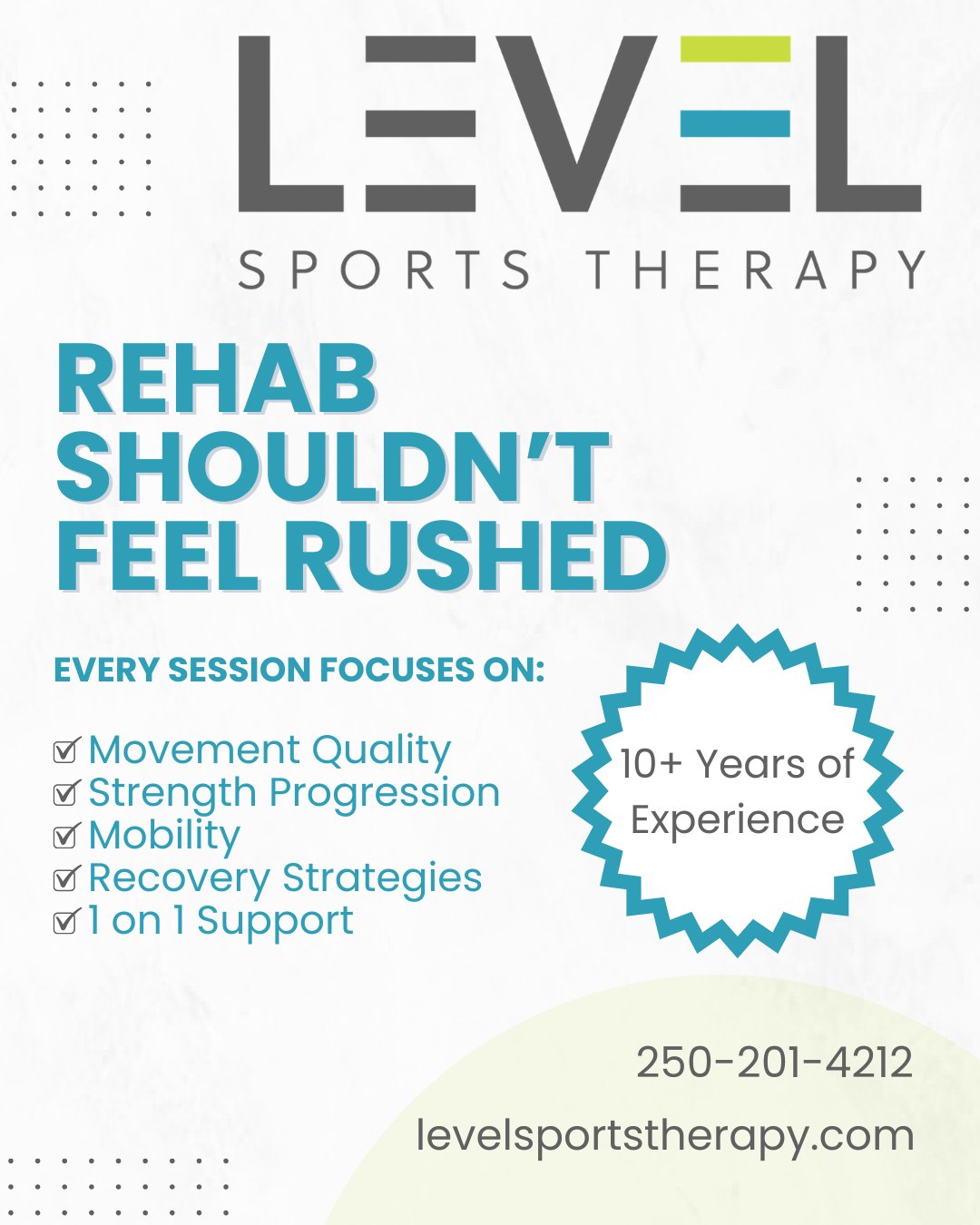 Rehab shouldn’t feel rushed. Your recovery deserves more than a quick appointment and a generic plan.
At Level Sports Therapy, we take the time to understand your injury, movement patterns, and goals. Through athletic therapy and massage therapy, we help you move better, recover faster, and get back to doing what you love. Call 250-201-4212 or book online at levelsportstherapy.com