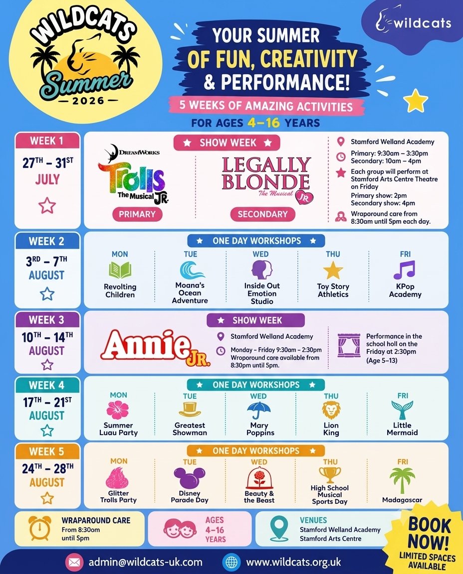 🎭 THE WILDCATS SUMMER 2026 TIMETABLE IS NOW LIVE & OPEN FOR BOOKINGS! 🎭
Get ready for 5 incredible weeks of fun, creativity, and performance! From spectacular 5-day Show Weeks to themed One-Day Workshops, we have something for every child aged 4–16.
Here is what you need to know about funding, vouchers, and spaces:
✨ HAF Programme: Children eligible for HAF can access our 3 incredible Show Weeks (Trolls Jr., Legally Blonde Jr., and Annie Jr.) plus an additional 6 One-Day Workshops! Check our website for full details.
✨ Financial Hardship Support: We have a limited number of funded places available for NON-HAF children whose families are currently experiencing financial hardship. Please contact us directly to discuss.
✨ Flexible Payment: We proudly accept Childcare Vouchers and Tax-Free Childcare to help make summer childcare easier for you.
✨ Payment by card/BACS: All our programmes can be paid for by receipt of invoice using card or BACS or you can instantly book online.
📅 Dates: July 27th – August 28th, 2026
📍 Venues: Stamford Welland Academy & Stamford Arts Centre
⏰ Wraparound Care: Available from 8:30am until 5:00pm daily.
Spaces are strictly limited and our Show Weeks fill up fast!
👉 How to book: Visit our website at www.wildcats.org.uk or drop us an email at admin@wildcats-uk.com to find out more or secure your child's spot today!