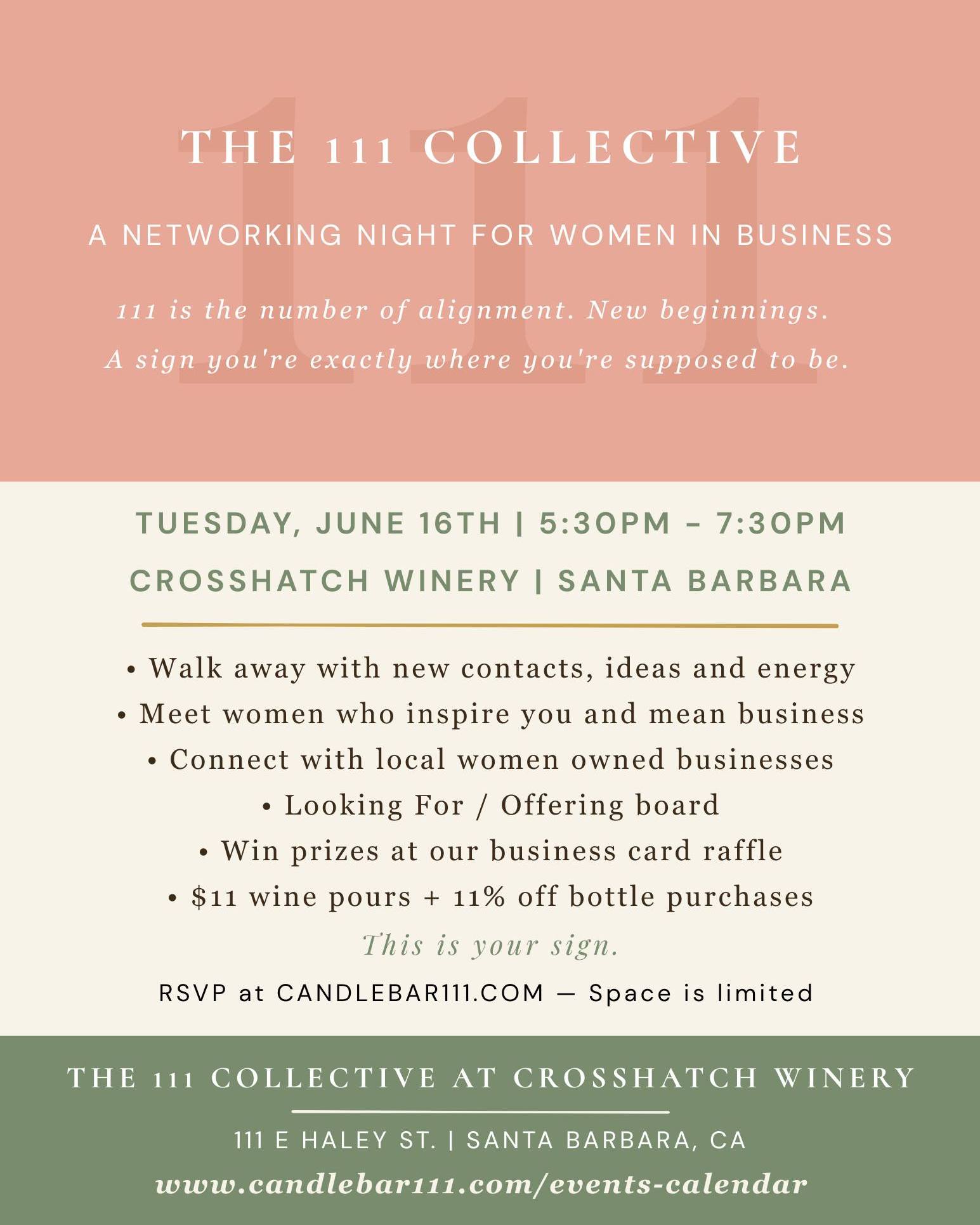We're back. ✨
The 111 Collective returns June 16th at CrossHatch Winery in Santa Barbara - and this one is going to be even better!
RSVP at the Events Calendar link in bio!
#the111collective #santabarbara #womeninbusiness #crosshatchwinery #candlebar111