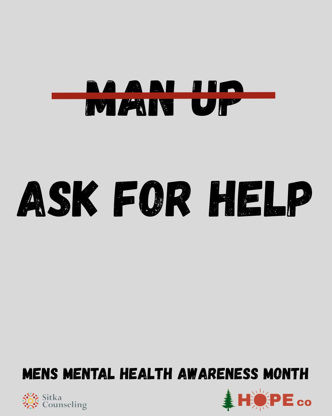 June is Men's Mental Health Awareness Month.
Men are often told to "man up" and push through. But strength includes talking about life's challenges, asking for help, and taking care of your mental health.
This month, and every month, your mental health matters.
#MensMentalHealthAwarenessMonth #MensMentalHealth #MentalHealthMatters #sitkacounseling