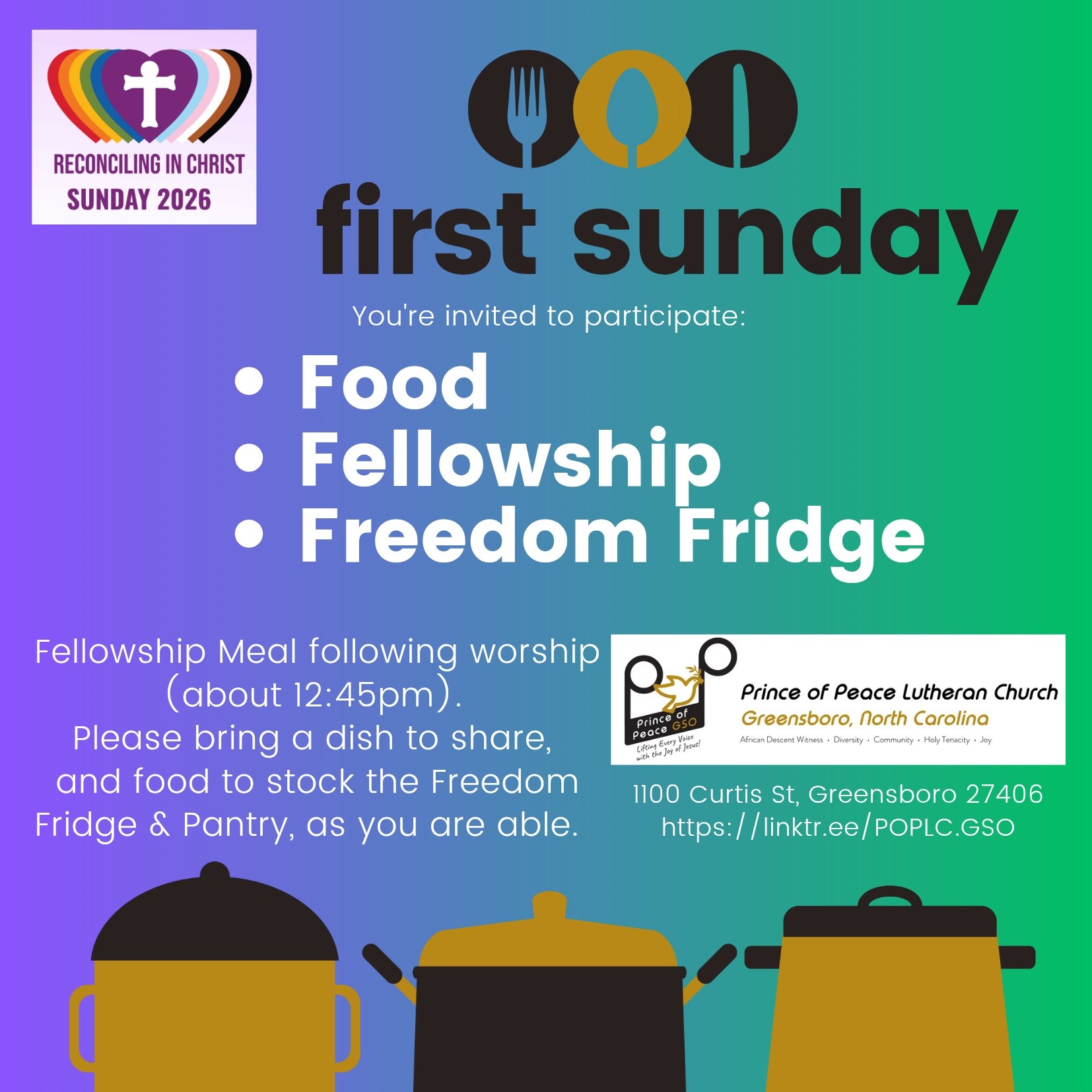 You are invited & welcome at Prince of Peace #FirstSunday:
🛍️ Please bring Freedom Fridge donations
📖 9:45am Adult Bible Study
✝️ 11am Worship, Children's Message, Communion
🍲 12:45pm Fellowship Meal
➡️ 1100 Curtis St Greensboro 27406
🖥️ Livestream - Facebook & YouTube
Linktree in bio #lifteveryvoicewiththejoyofjesus #FirstSunday #reconcilinginchrist🌈