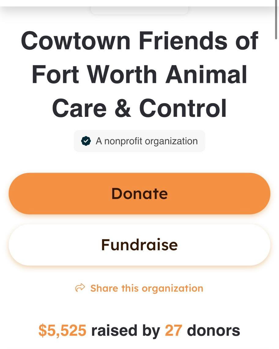 Because of YOU, we met our goal for North Texas Gives to Animals! 🎉🐾
Thank you to every donor, supporter, and community member who contributed to this incredible success. Your generosity allows us to continue supporting @fortworthacc and helps ensure that every animal who enters the shelter system has the care, resources, and enrichment they need to thrive while they wait for their forever home.
Together, we are making a difference in the lives of countless animals and helping create brighter futures, one adoption at a time. Thank you for believing in our mission and standing with us to support the animals who need us most. @northtexasgivingday