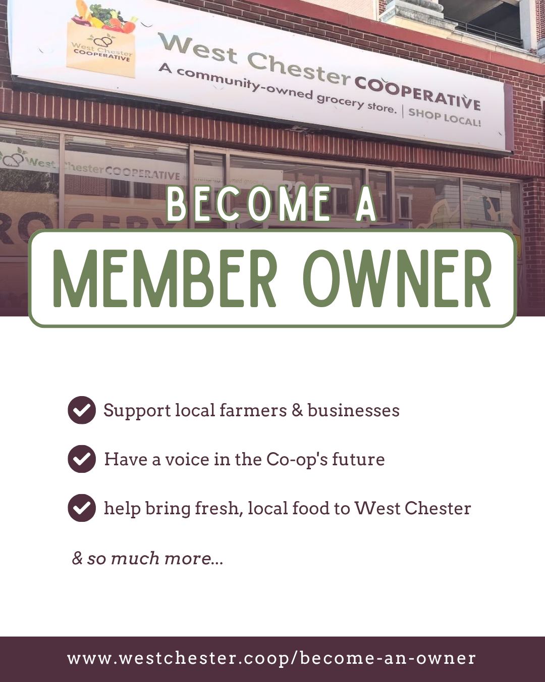 Why become a Member-Owner?
Because you're helping build more than a grocery store; you're investing in a stronger local community.
As a Member-Owner of the West Chester Food Co-op, you'll support local farmers and businesses, have a voice in the Co-op's future, and help bring fresh, local food to West Chester.
Join us in creating something that benefits our community for years to come.
Become a Member-Owner today; click the link in our bio!