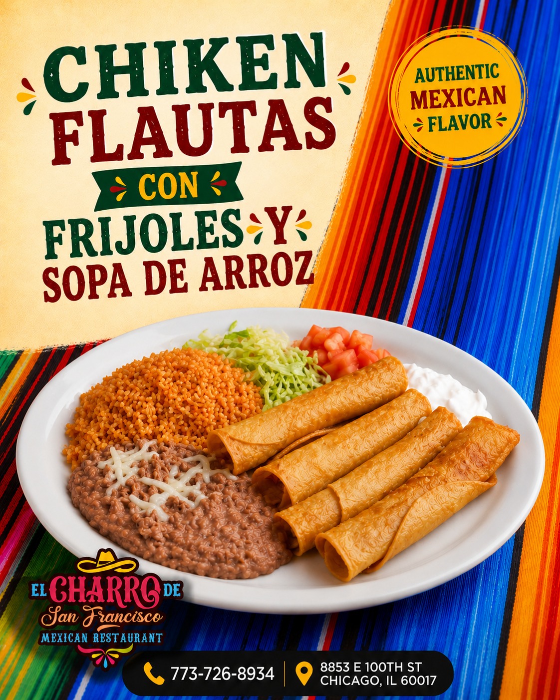 🌮✨ Crispy on the outside, perfectly filled on the inside, and served with beans and Mexican rice. Come get your fix of authentic Mexican flavor at El Charro de San Francisco! 😍
Visit us or call us!
📍3655 E 106th St, Chicago, IL 60617
📞773 734 3584
#elcharrodesanfrancisco #chicagoeats #chicagoland #chicagomexicanfood #falutasdepollo #ChickenFlautas
