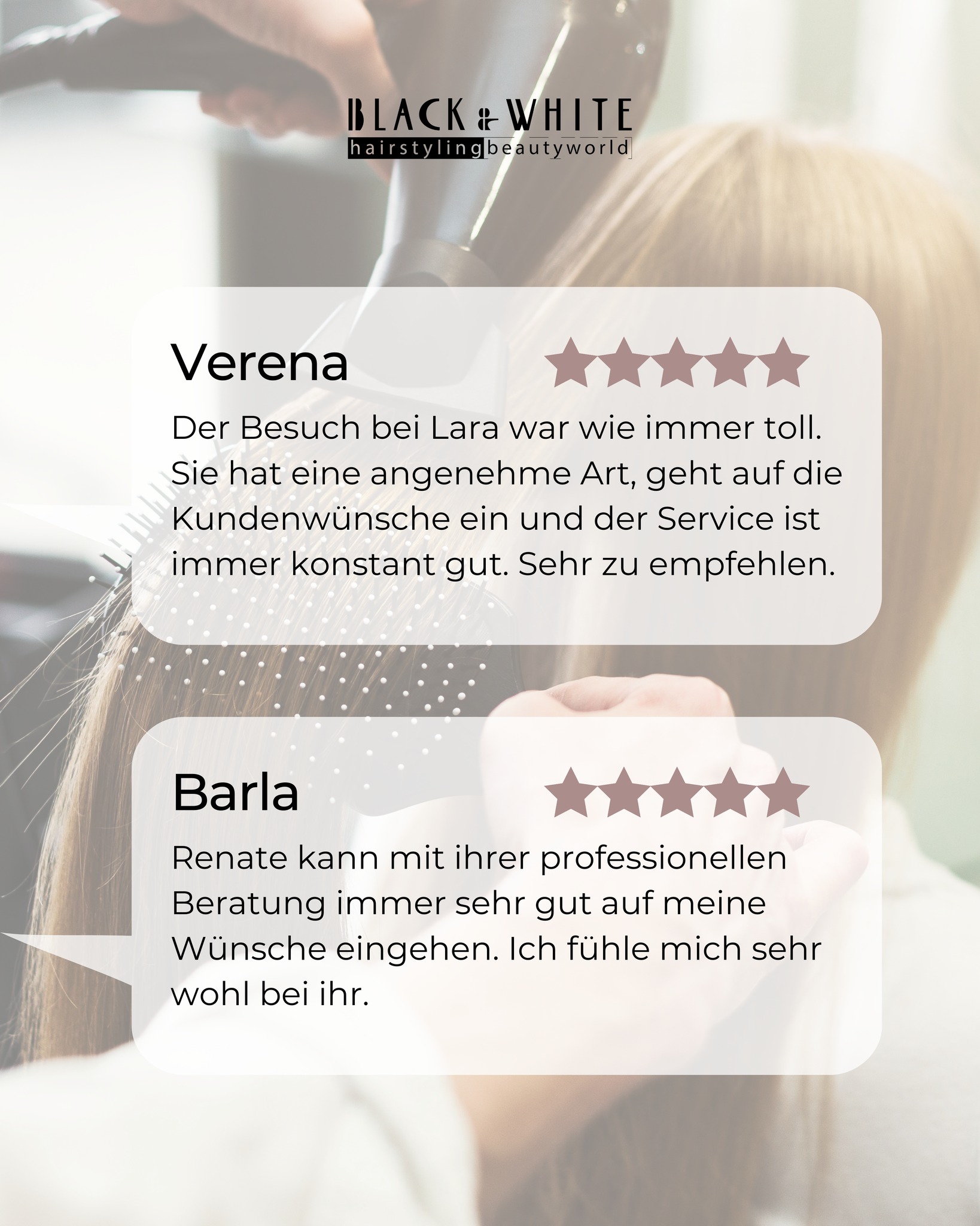 Solche Rückmeldungen bedeuten uns besonders viel 🤍
Vielen Dank an Verena und Barla für das wunderbare Feedback.
Es freut uns sehr, dass Ihr Euch bei Lara und Renate bestens aufgehoben fühlt und unsere persönliche Beratung, den Service und die angenehme Atmosphäre schätzt.
Genau dafür geben wir jeden Tag unser Bestes.
Vielen Dank für Euer Vertrauen.
#blackandwhitehairstyling #zürich
☎️ +41 44 363 66 00
📍 Stampfenbachstrasse 146 & 151, 8006 Zürich
🌐 www.blackandwhite.ch