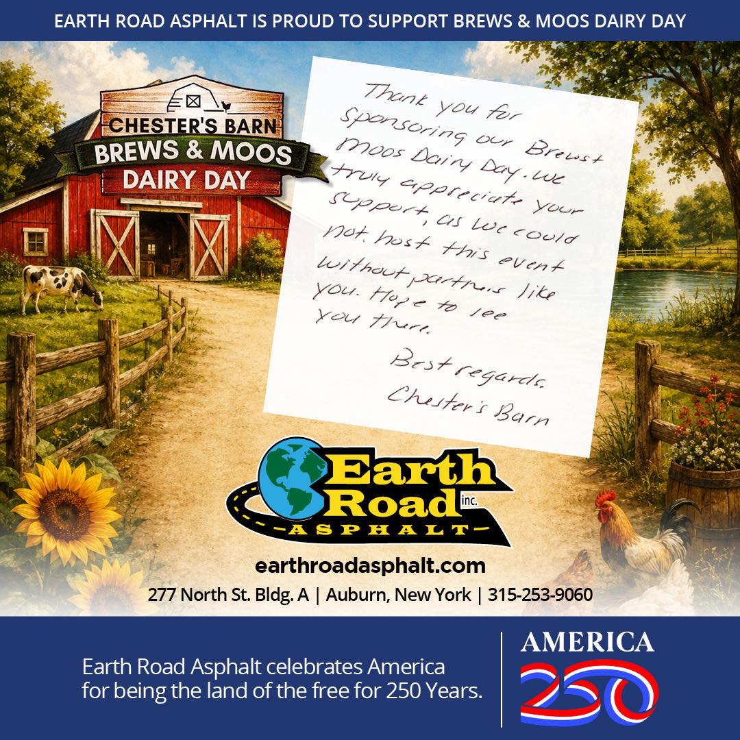 Earth Road Asphalt is proud to support Chester’s Barn Brews & Moos Dairy Day!
Events like these bring our community together while celebrating the hardworking farmers, families, and agricultural traditions that help make our region strong.
Be sure to join them on Saturday, June 7, 2026, from 12 PM–6 PM at Prison City Brewing, 251 North Street, Auburn, NY, for an afternoon of dairy-themed fun, free samples, live acoustic music, face painting, raffles, animal photo opportunities, and more.
Thank you to Chester’s Barn for the kind note and for organizing another outstanding event. We are honored to support initiatives that strengthen our community and celebrate our agricultural roots.
#EarthRoadAsphalt #ASpanoCompanyCelebrating76Years #BrewsAndMoos #DairyDay #SupportLocal #Agriculture #CommunityStrong #AuburnNY #America250 🇺🇸🐄🚜🌻
