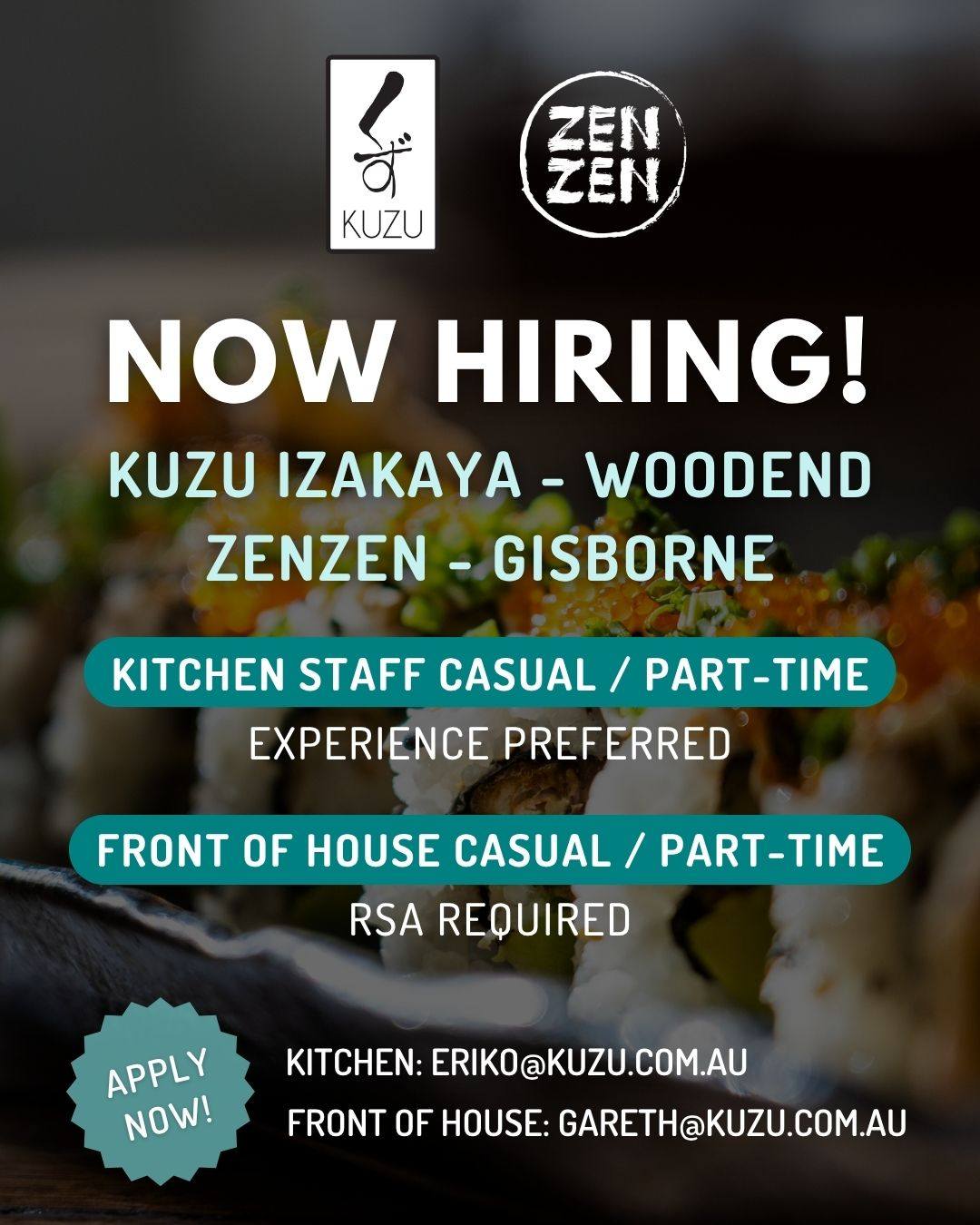 We're growing both teams and looking for people who genuinely love hospitality.
@kuzu.izakaya, Woodend is a Japanese izakaya: considered share plates, a strong wine and sake program, and a dining room that draws people from across the Macedon Ranges and up from Melbourne. It's an intimate venue with a tight, passionate team that takes the food and the guest experience seriously.
@zenzen.gisborne brings Japanese street food and Yatai culture to the gateway of the Macedon Ranges: bold flavours, bright energy, casual and laid-back dining done really well.
Both venues are casual or part-time, 1–3 shifts per week. Both are run by a team that cares about their locals, cares about the craft, and cares about each other.
Kitchen applicants: experience preferred but not essential. Contact Eriko at eriko@kuzu.com.au
Front of house applicants: previous experience and RSA required, bar experience a bonus. Contact Gareth at gareth@kuzu.com.au
#NowHiring #KuzuIzakaya #ZenzenGisborne #HospitalityJobs #MacedonRanges #Woodend #Gisborne