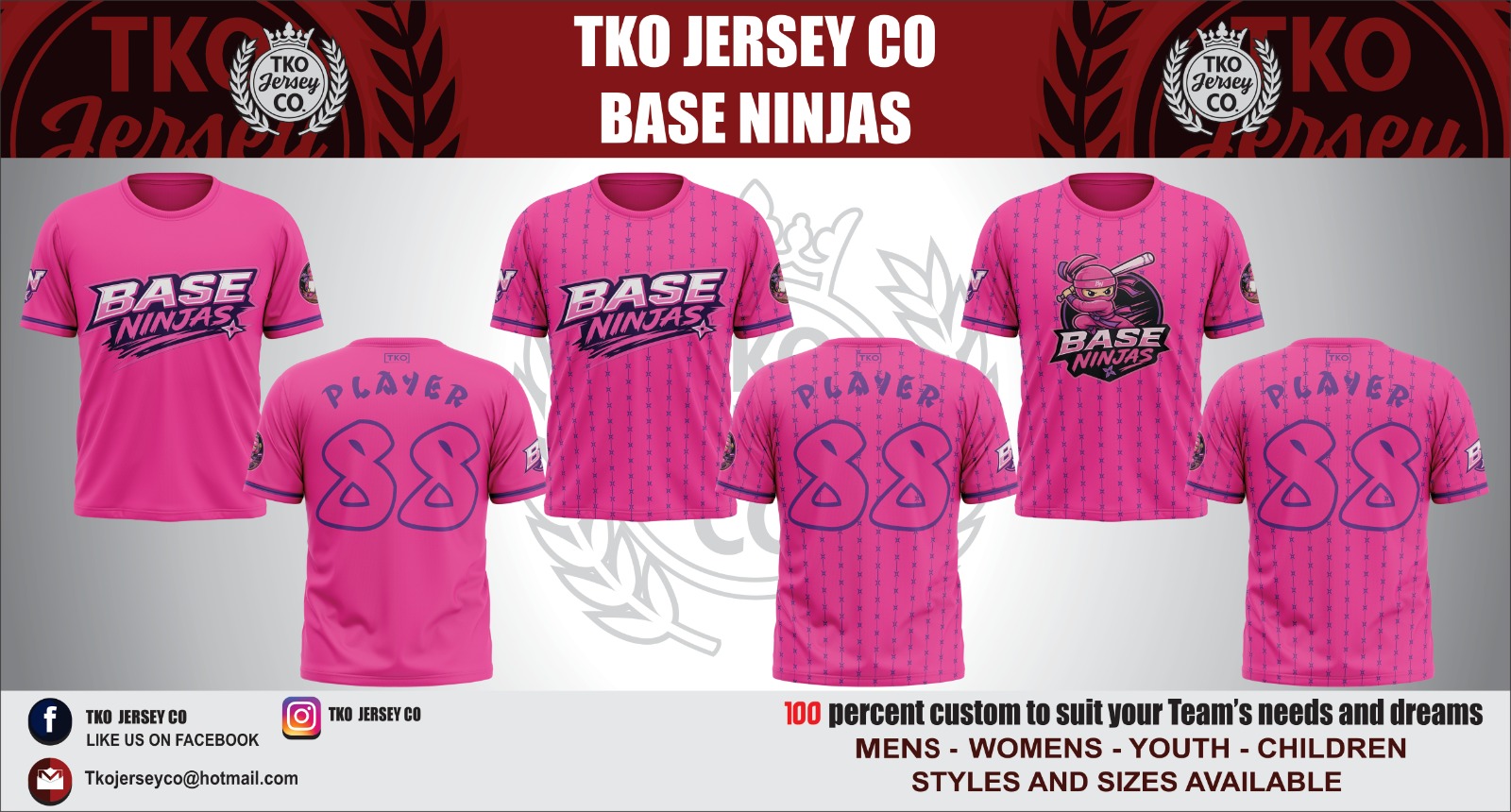 BASE NINJAS. FOUR LOOKS. TWO VIBES.
Hot pink full kit with a ninja mascot swinging a bat. Pink pinstripe jerseys. Dark navy stealth mode with teal accents. And a full jersey collection in that same dark colourway.
The Base Ninjas came to TKO with one request: "give us options." So we gave them four completely different directions.
That's the kind of energy we respect.
Swipe through and pick your favourite. Pink or stealth?