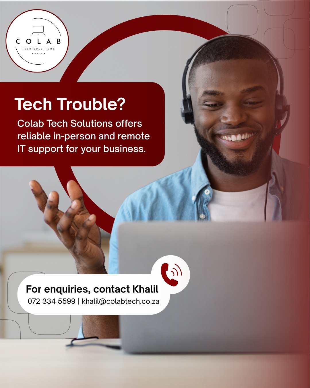 Tech trouble happens. Reliable support makes all the difference.
Whether you need assistance in person or remotely, Colab Tech Solutions helps your team resolve IT issues quickly and work with fewer interruptions.
📩 For enquiries, contact Khalil:
📞 072 334 5599
📧 khalil@colabtech.co.za
#ColabTechSolutions #ITSupport #BusinessTechnology #RemoteSupport #TechSolutions #BusinessSupport #CapeTownBusiness