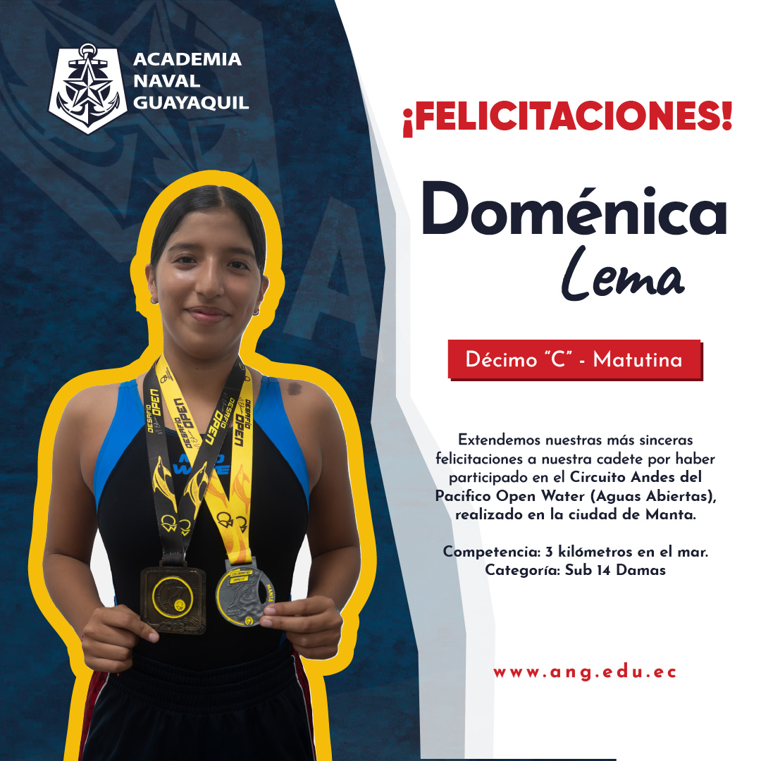 🏊♀️⚓ ¡Felicitamos con orgullo a nuestra cadete Domenica Lema por su destacada participación en el Circuito Andes del Pacífico – Open Water (Aguas Abiertas), realizado en la ciudad de Manta!
Compitiendo en la exigente prueba de 3 kilómetros en mar abierto, Domenica alcanzó el 5to. lugar a nivel nacional en la categoría Sub 14 Damas, entre 138 competidoras, registrando un excelente tiempo de 47 minutos y 42 segundos.
Este importante resultado refleja su disciplina, esfuerzo y perseverancia dentro y fuera del agua. 🌊🥇👏
#OrgulloANG #TalentoNaval #AguasAbiertas #DomenicaLema #DisciplinaQueTransforma #AcademiaNavalGuayaquil ⚓🏊♀️