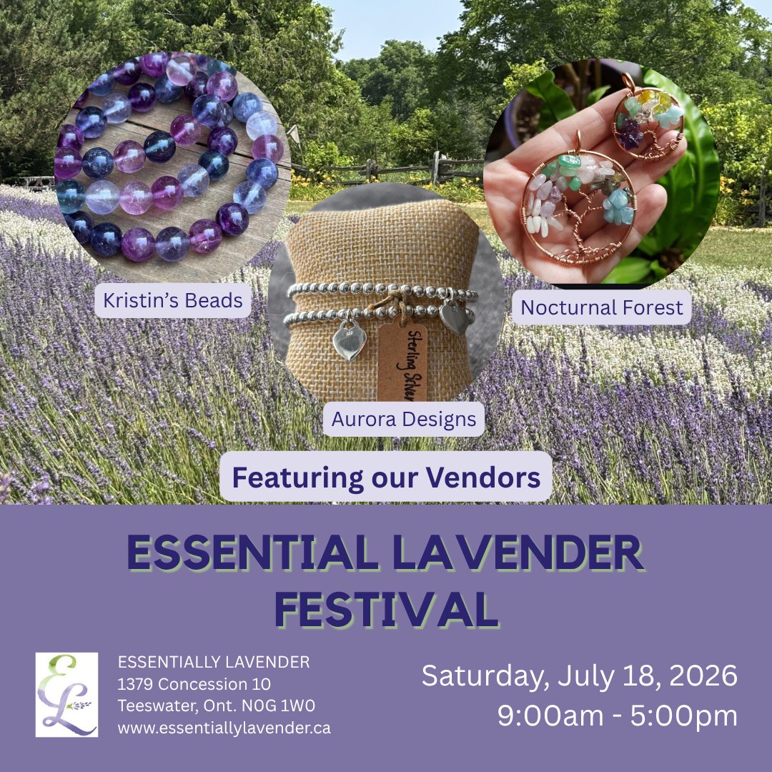 We have jewelry coming to the artisan vendor market at the Essential Lavender Festival on Saturday, July 18th. Meet @kristinsbeads who makes beautiful aromatherapy and gemstone bracelets as well and sterling silver necklaces with gemstones. @nocturnalforest.ca you will find handmade jewelry as well as sculptures and some leather work. @aurora.designs.kj there will be gemstone bracelets and necklaces including some with stainless steel accents.
#mildmay #auroradesigns #nocturalnalforest #Elmwood #hanover #kristinsbeads #portelgin #southampton #kincardine #brucecounty #brucegreysimcoe #wingham #walkerton #pointclarke #visitsouthbruce #essentiallavenderfestival #lavenderfestival #lavenderfarm