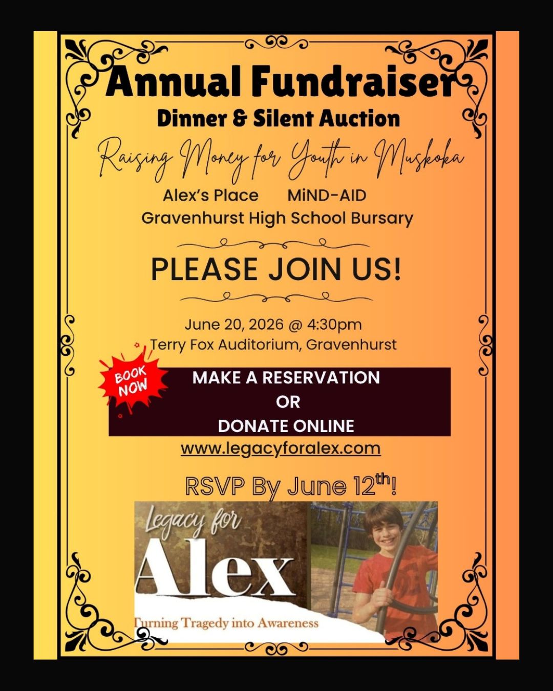 Thereâs still time to get tickets for the Fundraiser Dinner and Silent Auction hosted by local charity Legacy for Alex!
Come and enjoy a great meal and silent auction that raises money for youth in Muskoka, including MiND-AID Muskoka, Alexâs Place, and the Gravenhurst High School Bursary.
We appreciate everything the Kerswell family does to support young people in Muskoka while honouring the memory of their son, Alex. They are long-time supporters of MiND-AID and help young people access the supports they need through our navigation services.
đ
June 20, 2026 @ 4:30pm
đTerry Fox Auditorium, 101 Centennial Dr., Gravenhurst
đď¸ $35 per person, $15 for kids aged 10 years and under
Make your reservation by June 12 (link in bio).