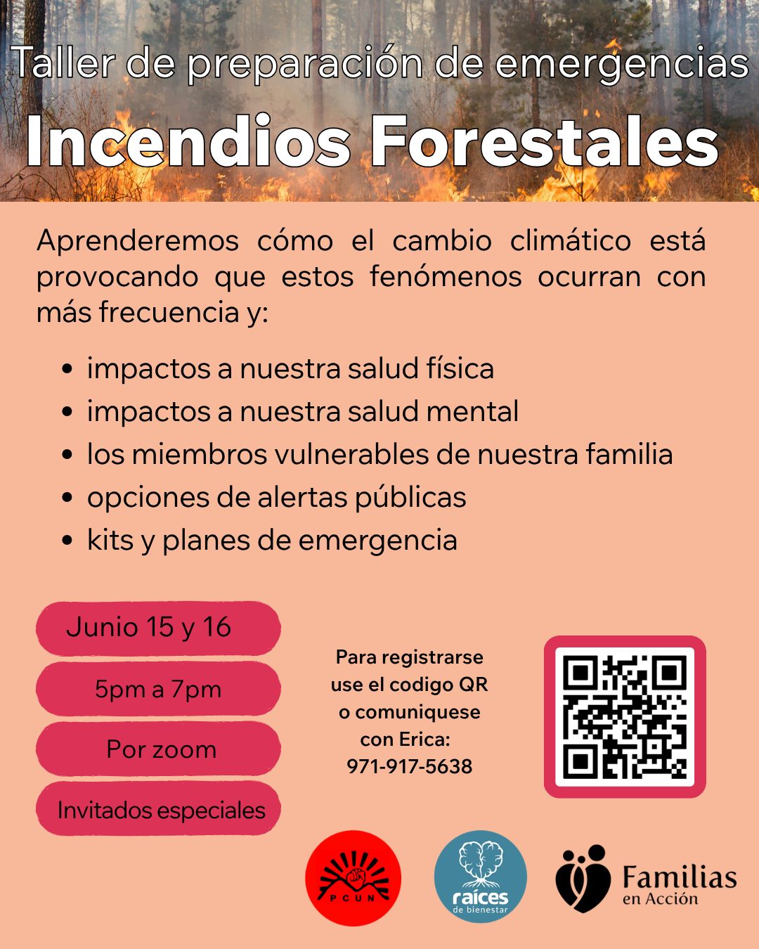 Nuestro Programa de Salud y Clima abordará el cambio climático y sus impactos en la salud, cómo preparar a su familia, y recursos que existen para ayuderle.
PCUN y Raíces de Bienestar nos acompañarán a hablar de este tema.
Invitamos a toda la comunidad a participar y a compartir!
