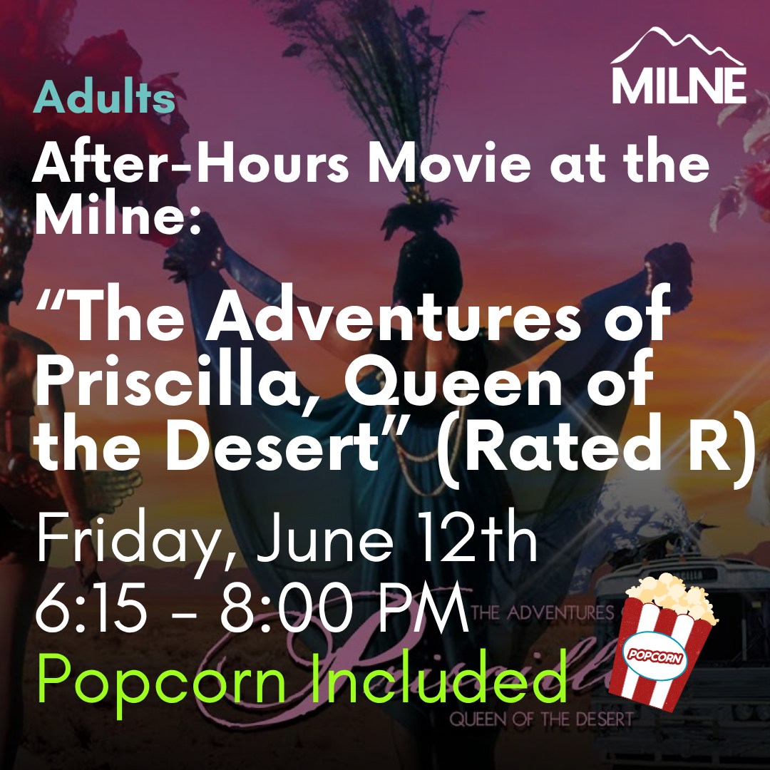 This week at the Milne (June 8 - 13). Join us for a movie, TED Democracy, tie dying, and MORE! View our full event calendar using the link in our bio or on our website at milne.librarycalendar.com
Image 1: After-Hours Movie at the Milne: “The Adventures of Priscilla, Queen of the Desert” (Rated R) - Friday 06/12 at 6:15 p.m. (Popcorn Included)
Image 2: Milne at the Market! - Saturday 06/13 at 9:00 a.m.
Image 3: TED Democracy Livestream - Saturday 06/13 at 10:00 a.m. (all day)
Image 4: Pride + Dye Community Picnic - Saturday 06/13 at 2:00 p.m.