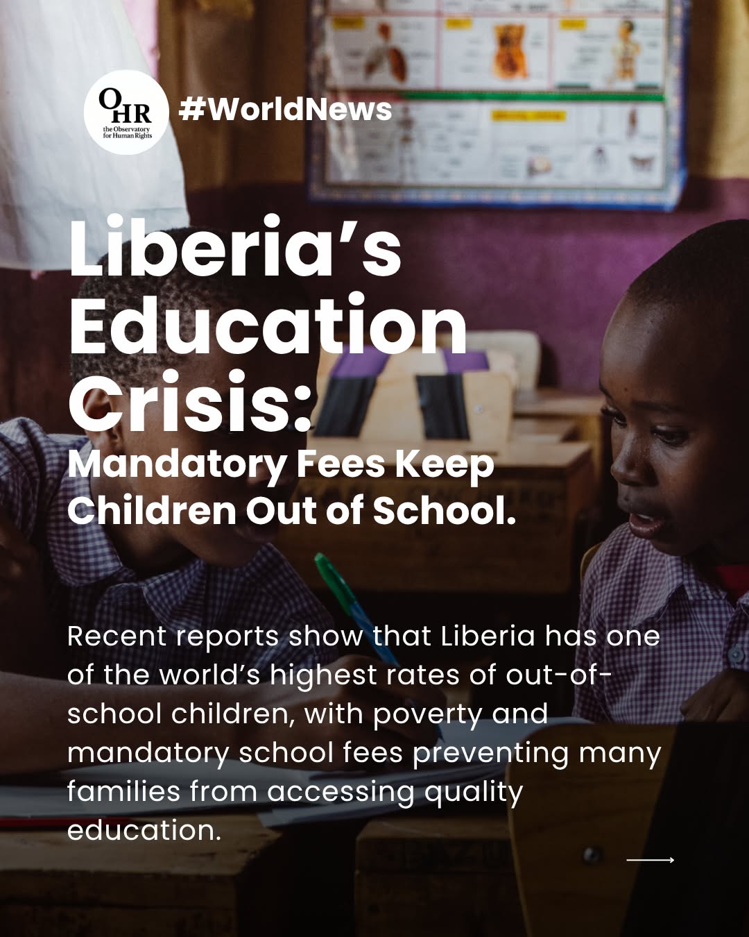Recent reports show that Liberia has one of the world’s highest rates of out-of-school children, with poverty and mandatory school fees preventing many families from accessing quality education. Many children start school late, leave early to work, or never attend at all, while overcrowded and underfunded public schools continue to struggle amid increasing privatization.
The Liberian government is seeking to address the education crisis by funding projects and increasing financial support.
Human Rights Watch is urging Liberia to eliminate school registration fees, increase education funding, and strengthen support for education from early childhood through secondary school. Meanwhile, UNICEF is working closely with Liberian authorities to assess progress and set priorities.
👉 Follow to stay informed
👉 Share it to raise awareness
👉 Join the conversation in the comments
Written by: Ludovica Muncibì
🖇️ Read the full article: https://www.theobservatoryforhumanrights.com/post/liberia-s-education-crisis-mandatory-fees-keep-children-out-of-school
#ohrobservatory #theobservatoryforhumanrights #humanrights #ohr