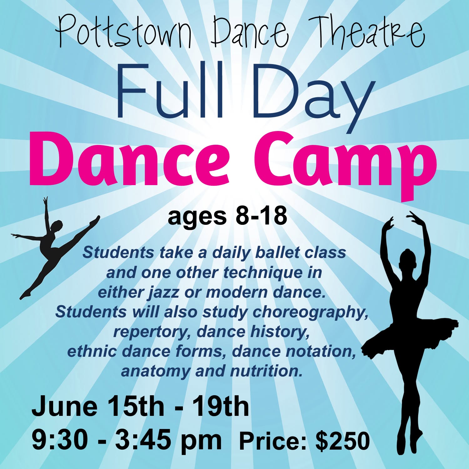 Next week is our first week of Dance Camp! Full day Camp runs June 15-19th, followed by Pop & Hop camp is the week of June 22-25th. Reach out to us at pottstowndancetheatre@yahoo.com to make sure you are registered!