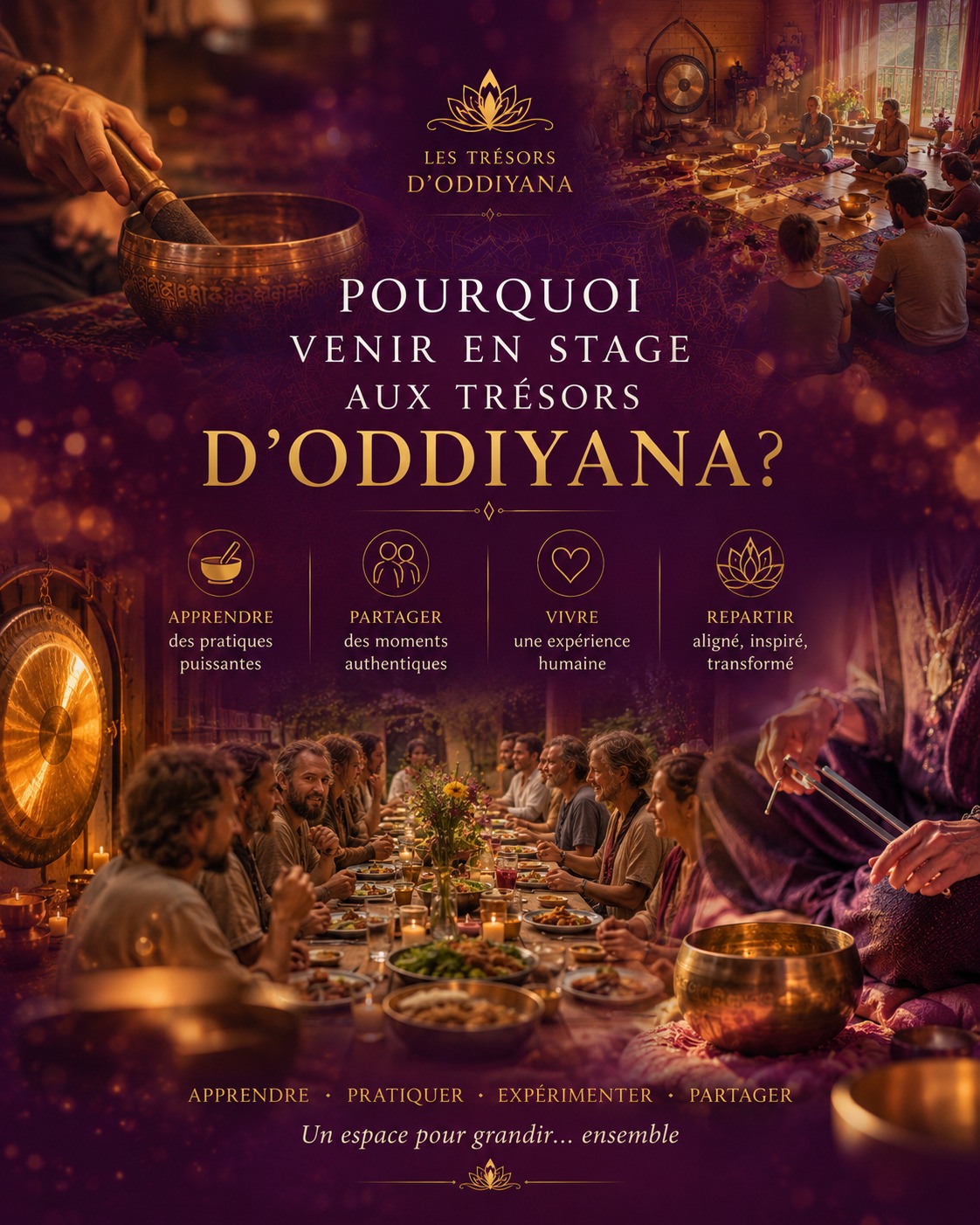 Pourquoi venir en stage aux Trésors d'Oddiyana ?
Pour apprendre ?
Oui, bien sûr.
Vous découvrirez les bols chantants, les gongs, les diapasons, la méditation guidée ou encore la relaxation sonore.
Mais ce n'est pas seulement pour cela que les personnes viennent.
Beaucoup arrivent avec une simple curiosité.
D'autres cherchent à mieux gérer leur stress ou leurs émotions.
Certains souhaitent enrichir leur pratique professionnelle.
Et d'autres ressentent simplement le besoin de prendre du temps pour eux.
Puis quelque chose se passe.
Le rythme ralentit.
L'attention change.
Les sons deviennent une expérience à vivre plutôt qu'un simple objet d'étude.
On pratique.
On expérimente.
On échange.
Et surtout, on partage.
Les repas se prennent ensemble.
Les discussions se prolongent naturellement entre deux ateliers.
On avance à son rythme, dans une ambiance simple, chaleureuse et profondément humaine.
Ici, pas de mise en scène.
Pas de masque à porter.
Juste un espace pour apprendre, expérimenter et se reconnecter à l'essentiel.
Et souvent, les participants repartent avec bien plus que des connaissances.
Ils repartent avec des outils.
De nouvelles rencontres.
Et parfois une autre façon d'écouter, de ressentir et d'être présents à eux-mêmes.
✨ C'est sans doute cela, l'esprit des stages aux Trésors d'Oddiyana.
Quel stage vous appelle le plus cet été ?