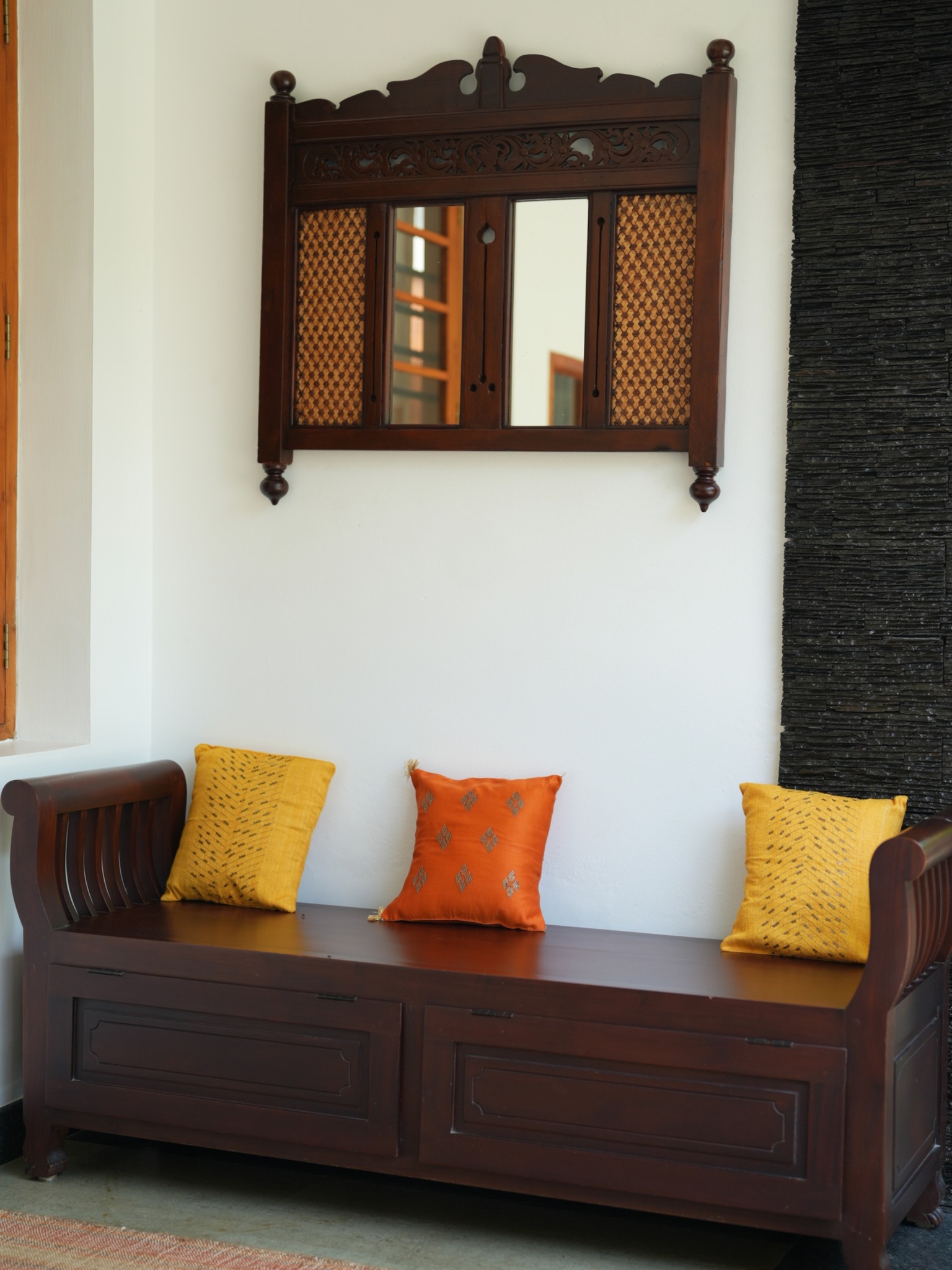 Solid antique reclaimed wooden mirror...
The beautiful arches on the wooden mirror is so elegant and rich that it will give your space a royal touch.
Tall antique wooden candle stands ....These pedestal candle stands exude a special warmth that will be transferred to the entire space,the coloured candles or any decor accent we place on this candle stand is sure to stand out .
The rectangular wooden mirror is given cane detailing as well as intricate wood carving and turning...all handcrafted to perfection.
All the reclaimed pieces were restored retaining their aging marks..
DM us or whatsapp us at 9778758496 to know the details of this limited edition
( Wooden mirror, candle stand,wall decor, Kerala home styling, verandah Kerala style,home decor Kerala, restoration,living room decor kerala, interior design Kerala)
#HomeDecorKerala #decoredits #keralahomes #decor #restyle