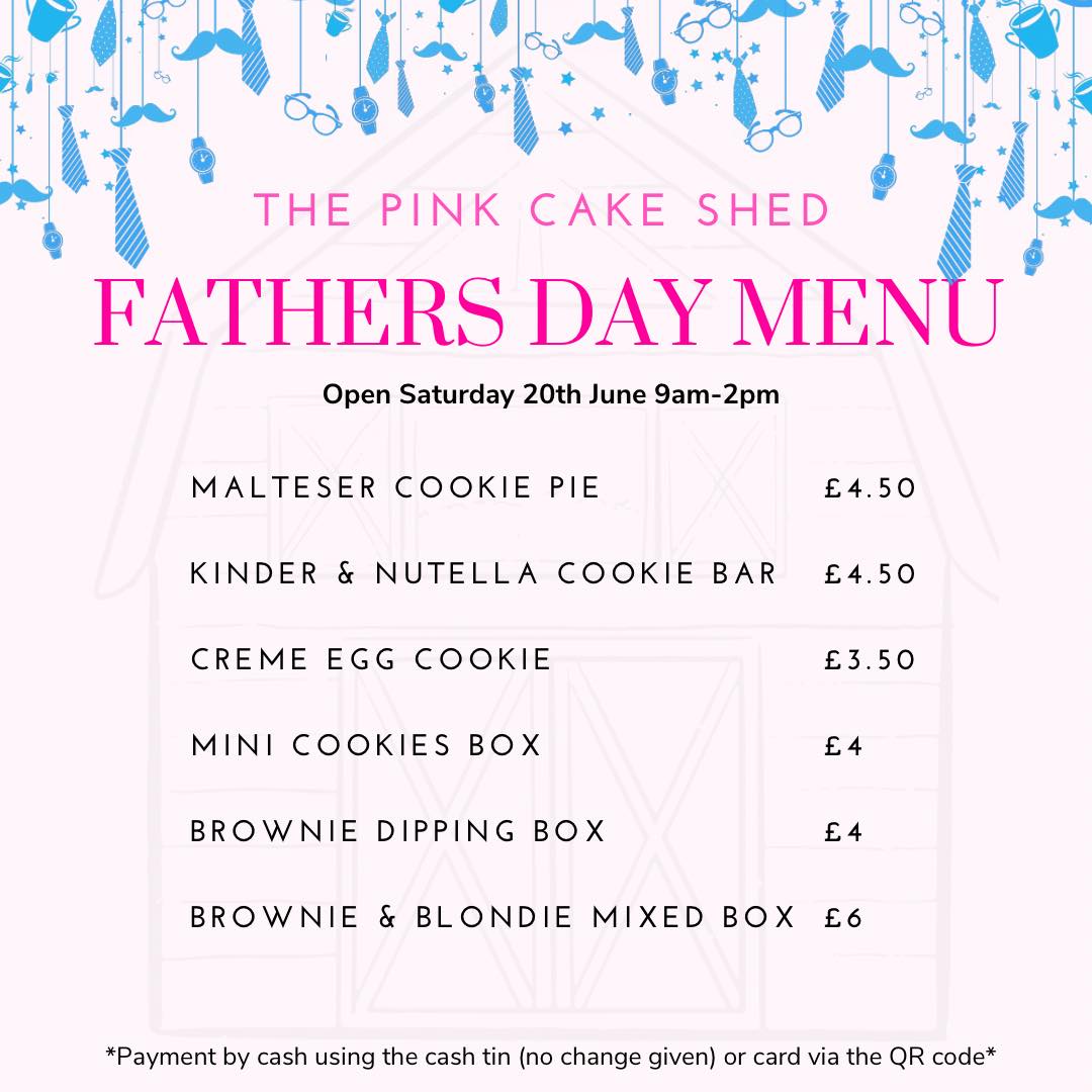 🩵 Father’s Day at The Pink Cake Shed, pop by and pick up plenty of delicious treats for Dad! 🍪🧁🍰
The shed will be stocked with goodies to help make Father’s Day extra special.
📍 The Pink Cake Shed
🗓 Saturday 20th June
⏰ 9am–2pm
#FathersDay #ThePinkCakeShed #SupportLocal #SweetTreats #FathersDayTreats #CakeShed #Cookies #Traybakes #SmallBusinessLove #HampshireBakes
