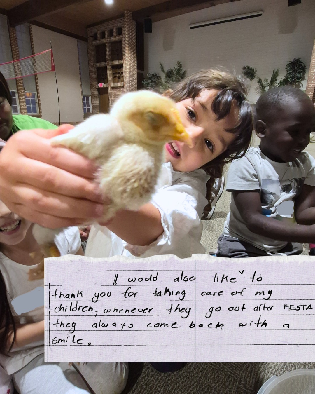 “I would also like to thank you for taking care of my children. Whenever they go out after FESTA they always come back with a smile.”
Recently, those smiles were thanks in part to some very special guests - soft, fluffy baby chicks! 🐣💛
In our 3-Generation Family ESL Program, children learn, play and enjoy enriching experiences while their parents focus on building English skills and new opportunities for their families.
Moments like these are made possible by a community that invests in local families.
Help create more smiles and memories for families in our community: wearefesta.org/volunteer
Alt Text: Children in FESTA's 3-Generation Family ESL Program interact with baby chicks during a special enrichment activity. While parents attend English language classes, children participate in educational and engaging experiences in a safe, nurturing environment.